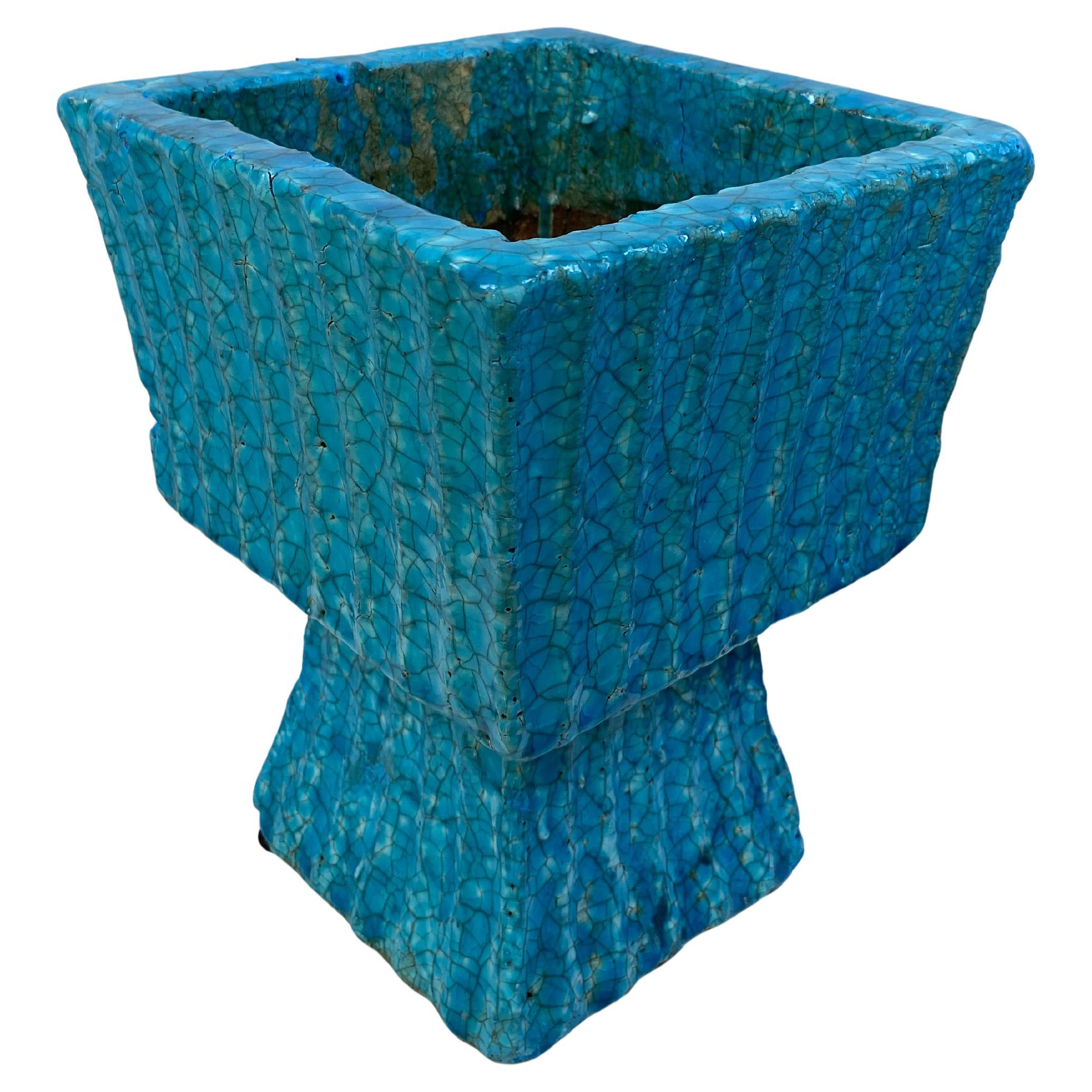 Mid-20th Century French Ceramic Planter with Turquoise Crackle Glaze For Sale
