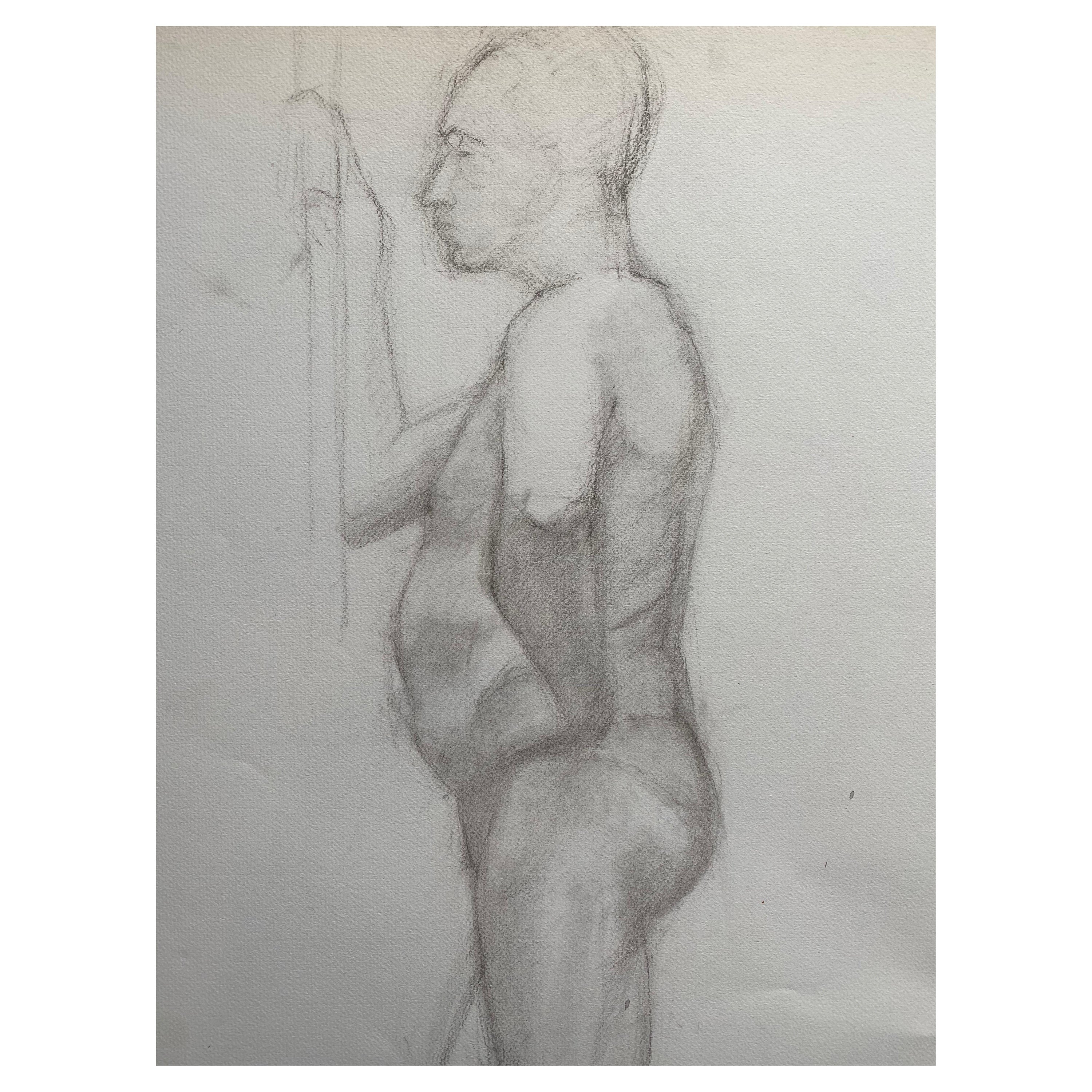 Dessin français au fusain du milieu du 20e siècle, portrait d'un nu debout en vente