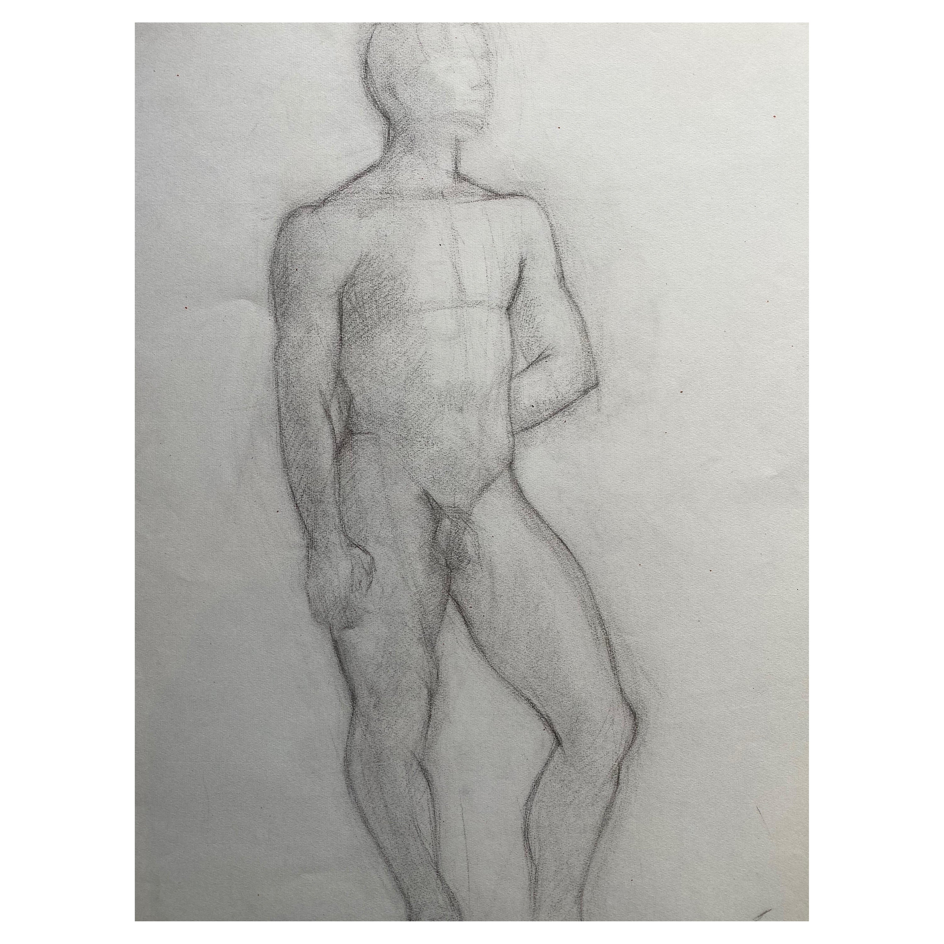 Dibujo a carboncillo francés de mediados del siglo XX, Retrato de un hombre desnudo de pie