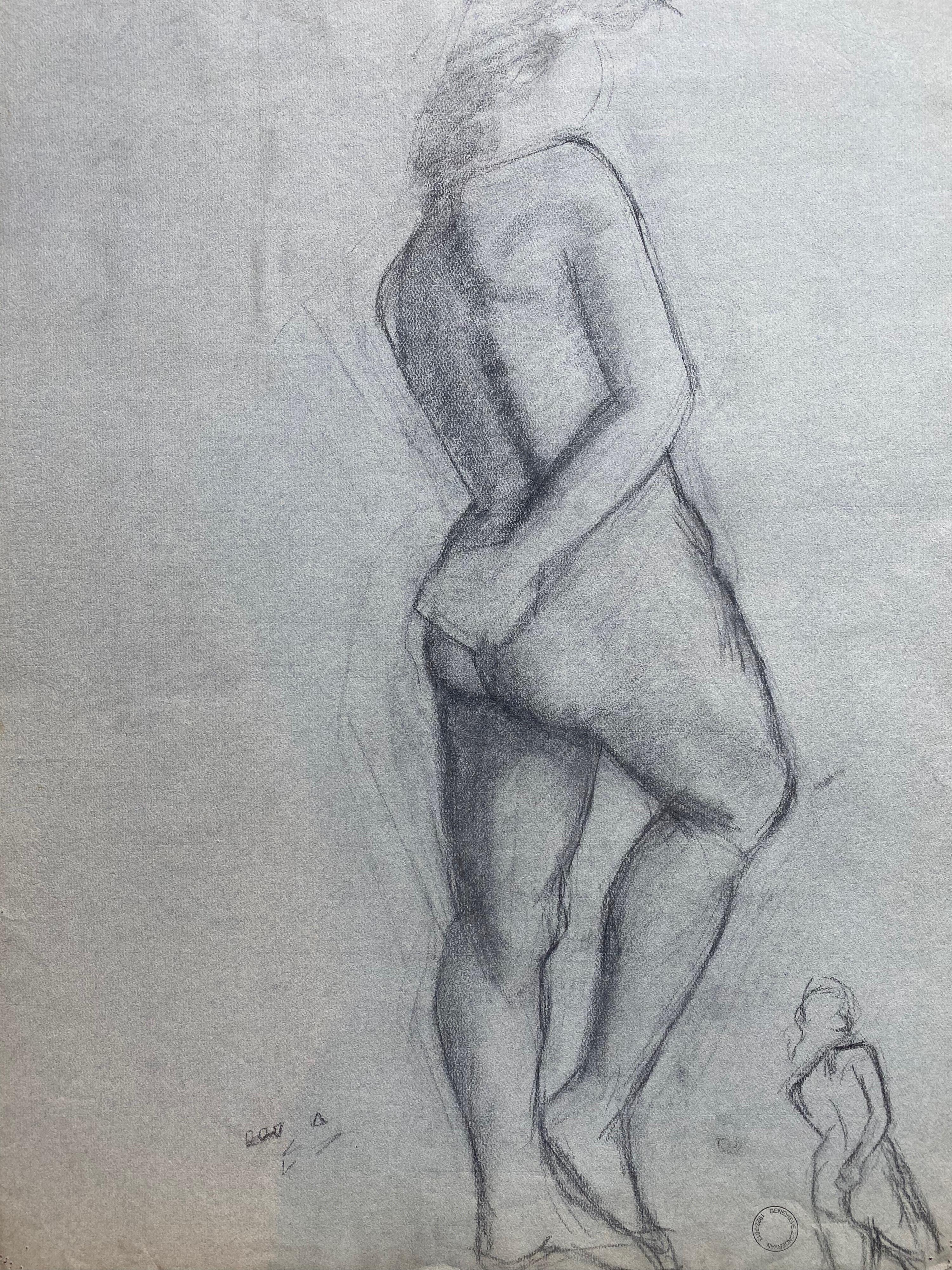 Mid 20th Century French Charcoal Drawing, Portrait of a Standing Nude Women In Good Condition For Sale In Cirencester, GB