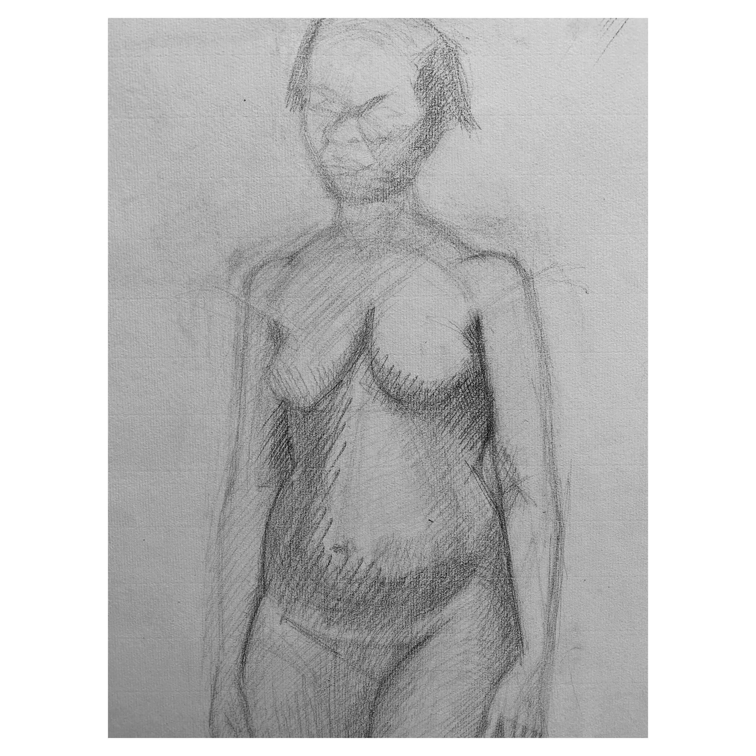 Dessin au fusain français du milieu du 20e siècle, Portrait d'une femme nue debout en vente