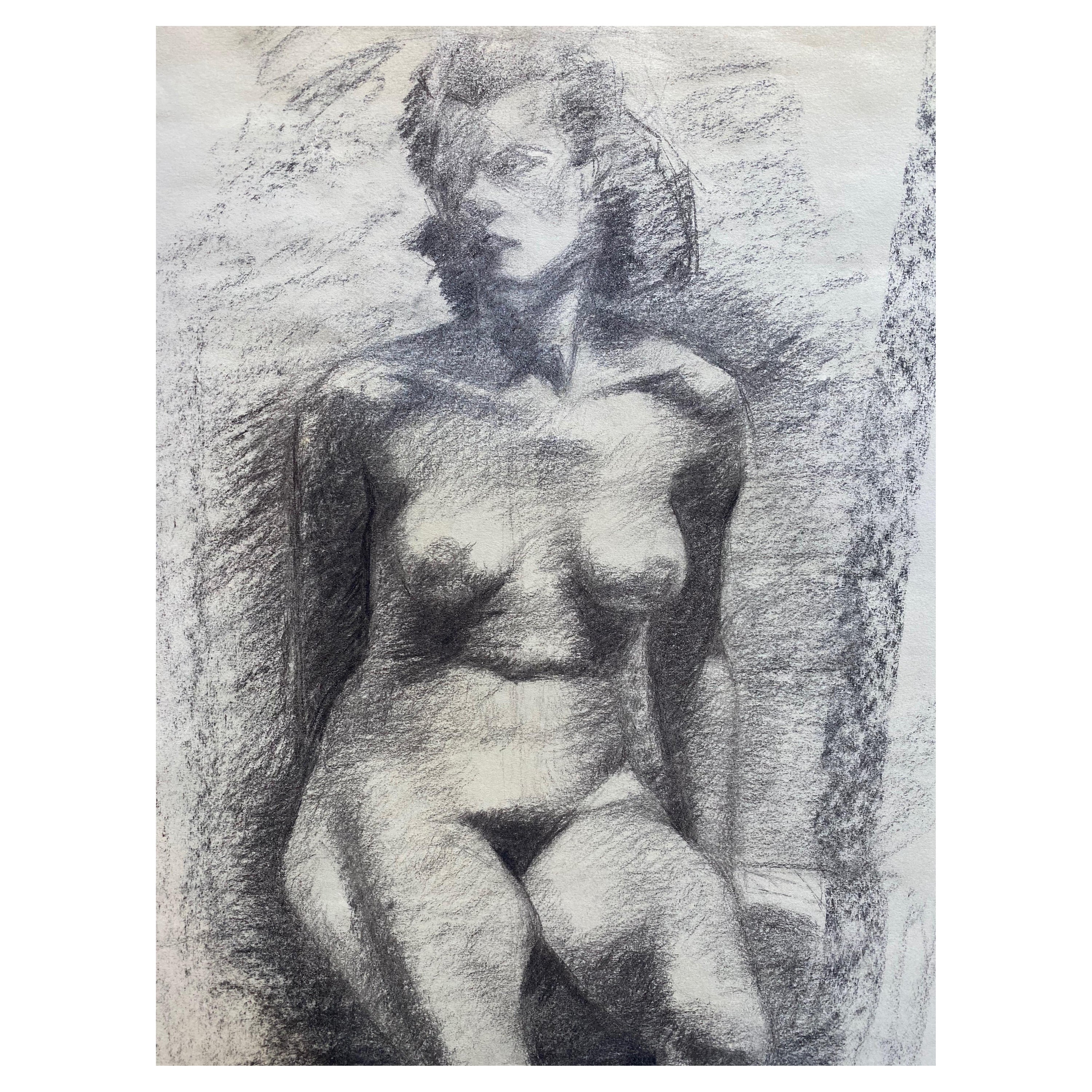 Drawing au fusain français du milieu du 20e siècle - Portrait d'une femme nue debout