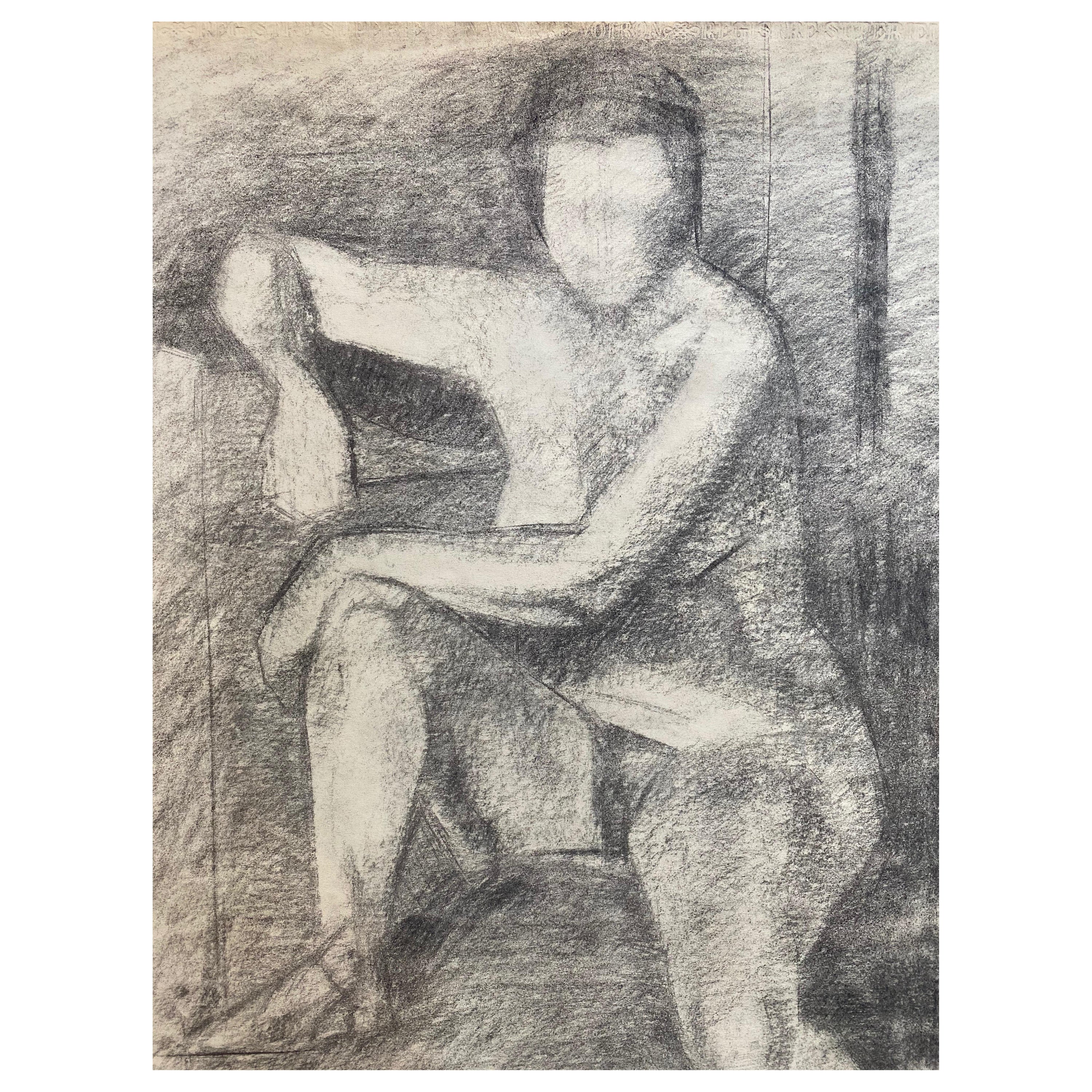 Dessin au fusain français du milieu du 20e siècle - Portrait d'une femme nue debout