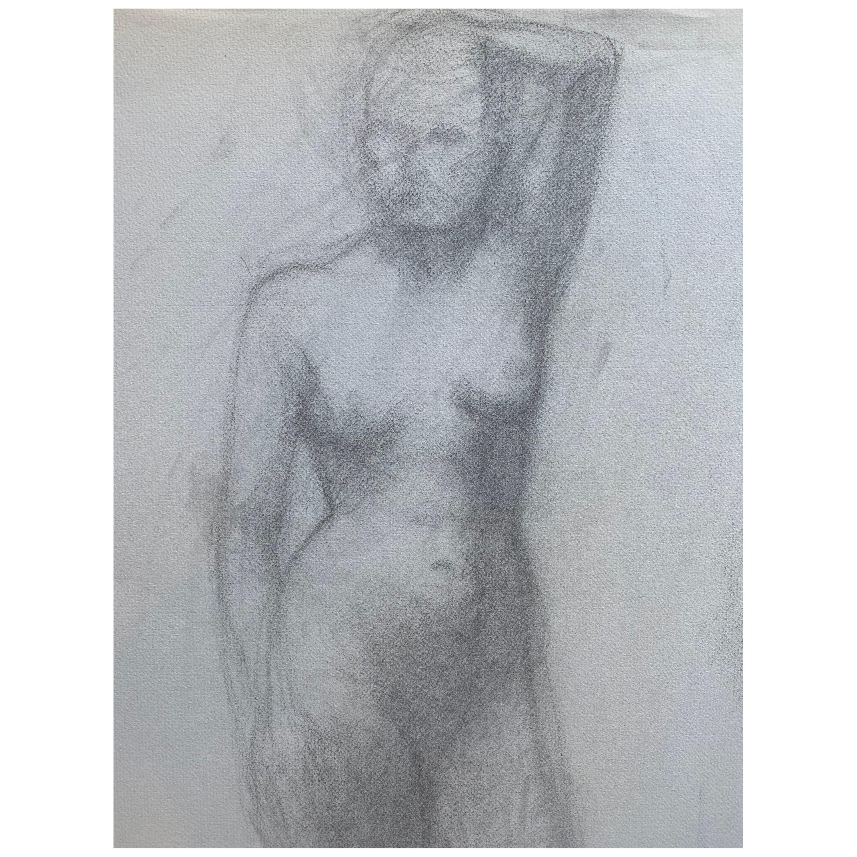 Dessin français au fusain du milieu du 20e siècle, portrait d'une femme nue debout