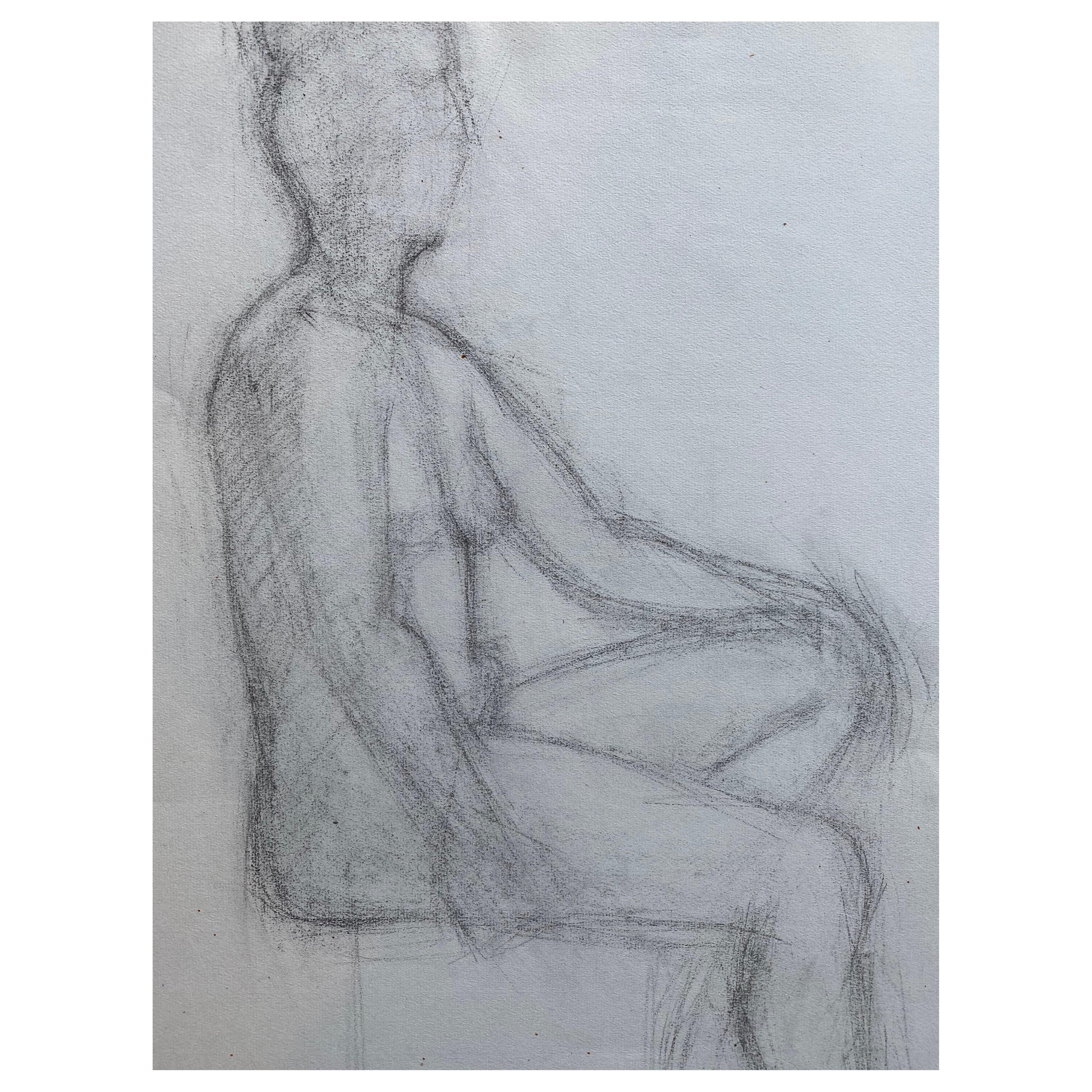 Dessin au fusain français du milieu du 20e siècle - Portrait d'une femme nue debout