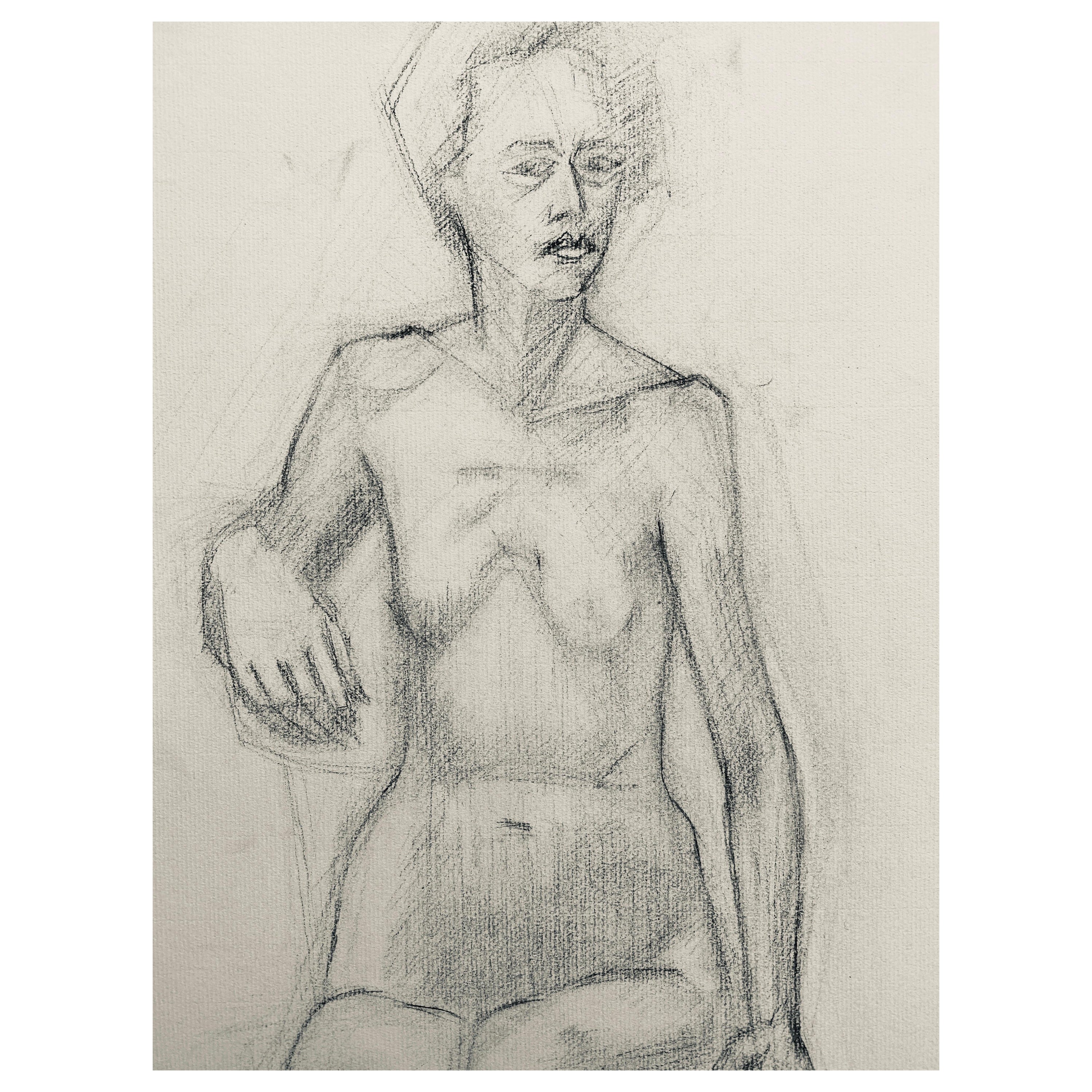 Dessin français au fusain du milieu du 20e siècle, portrait d'une femme nue debout