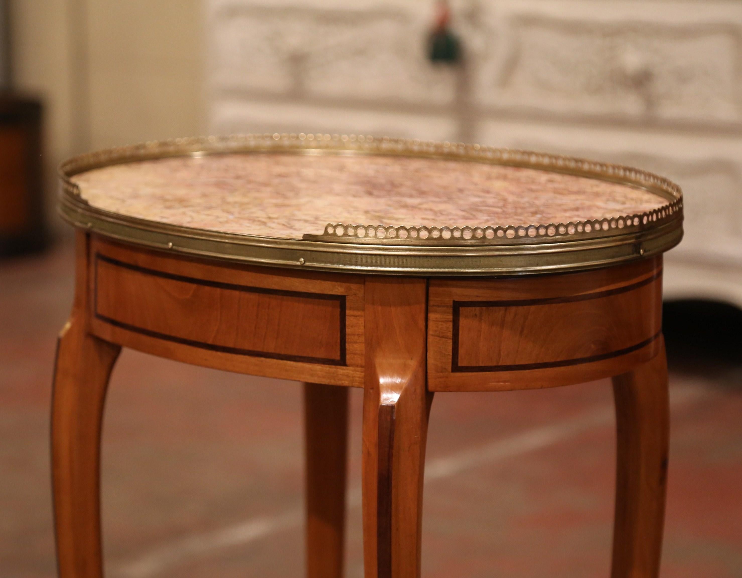 Louis XV Mid-20th Century French Cherry Side Table with Marble Top and Brass Rim