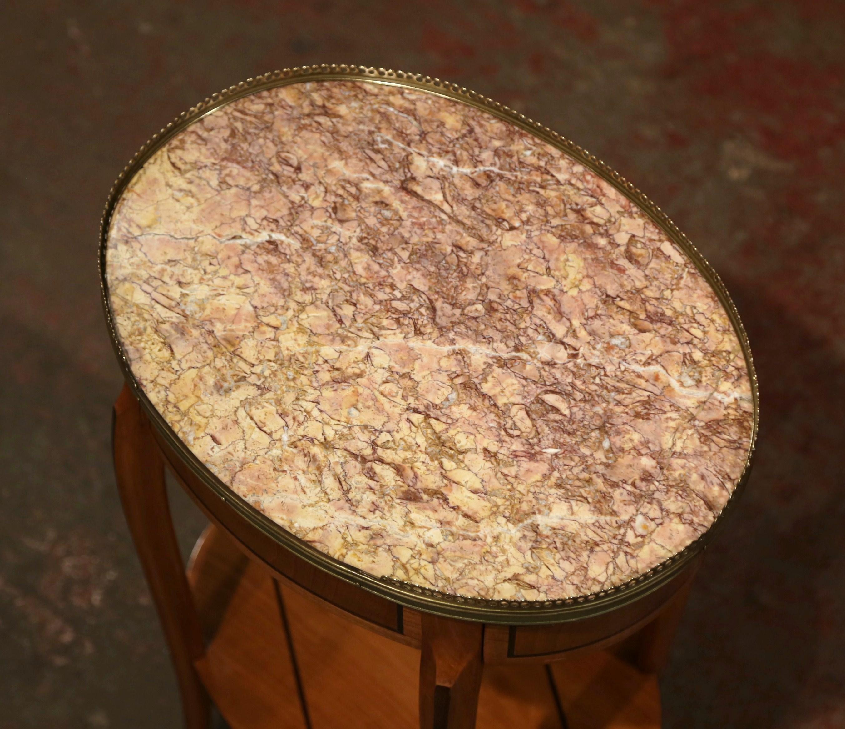 Patinated Mid-20th Century French Cherry Side Table with Marble Top and Brass Rim