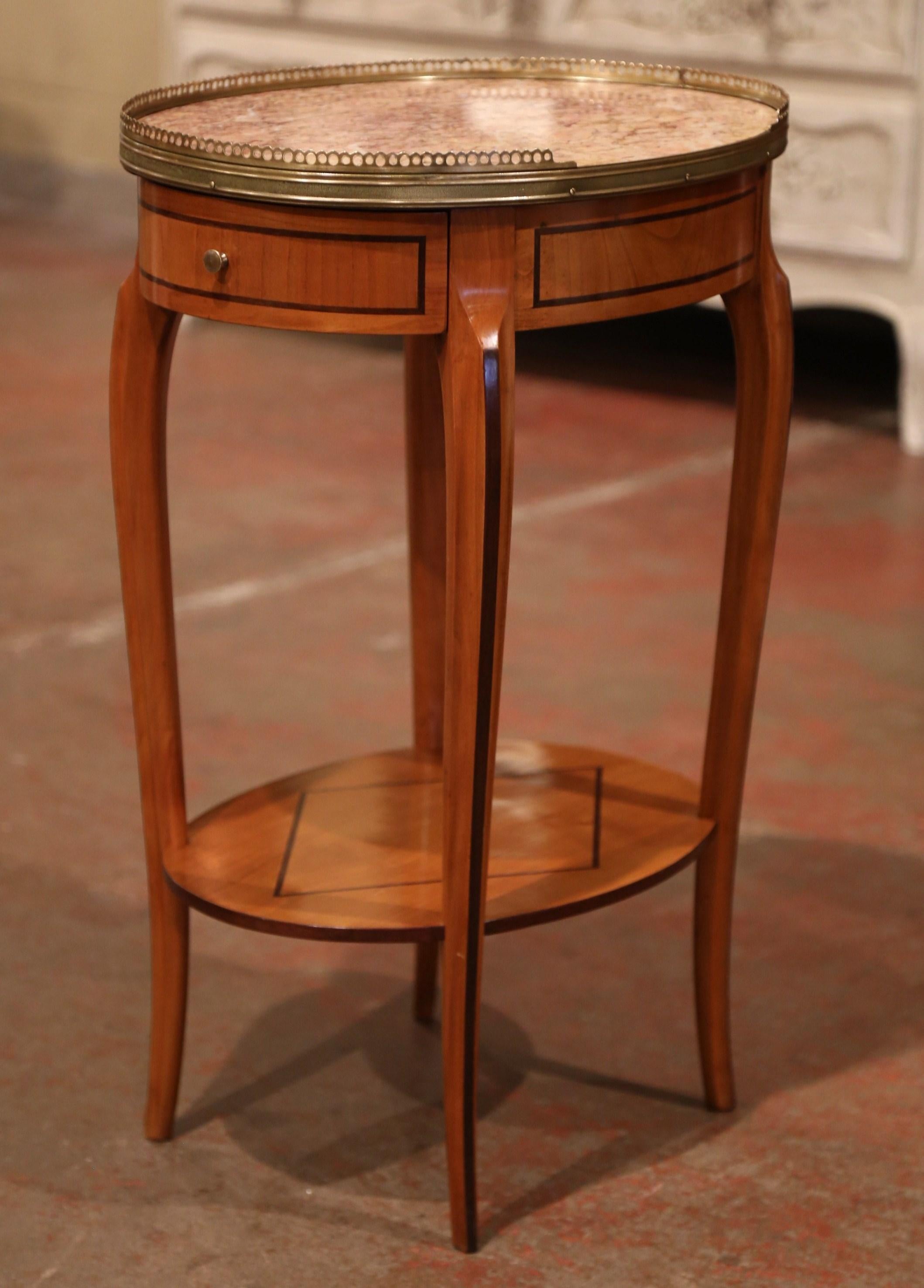 Mid-20th Century French Cherry Side Table with Marble Top and Brass Rim In Excellent Condition In Dallas, TX