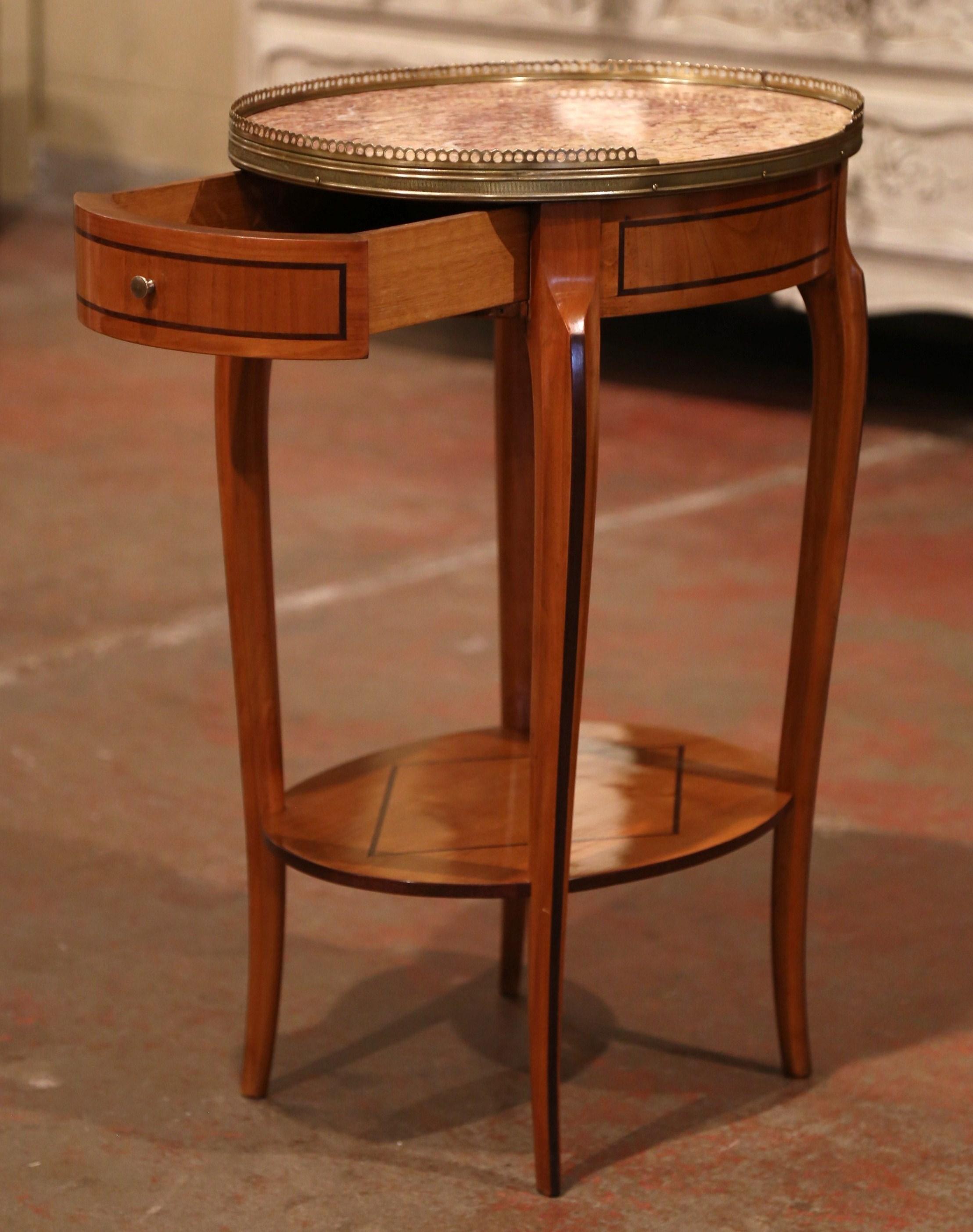 Mid-20th Century French Cherry Side Table with Marble Top and Brass Rim 1