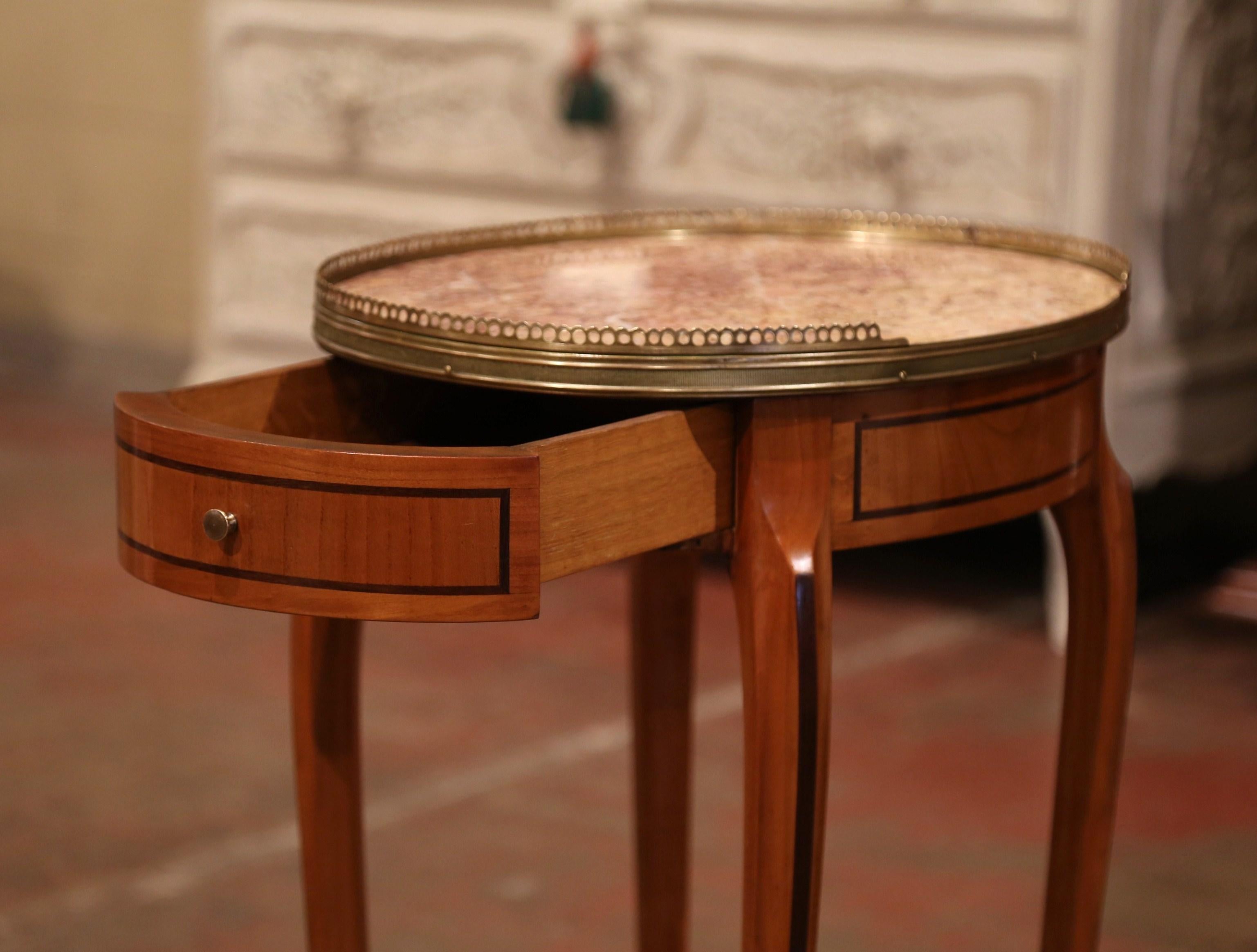 Mid-20th Century French Cherry Side Table with Marble Top and Brass Rim 2