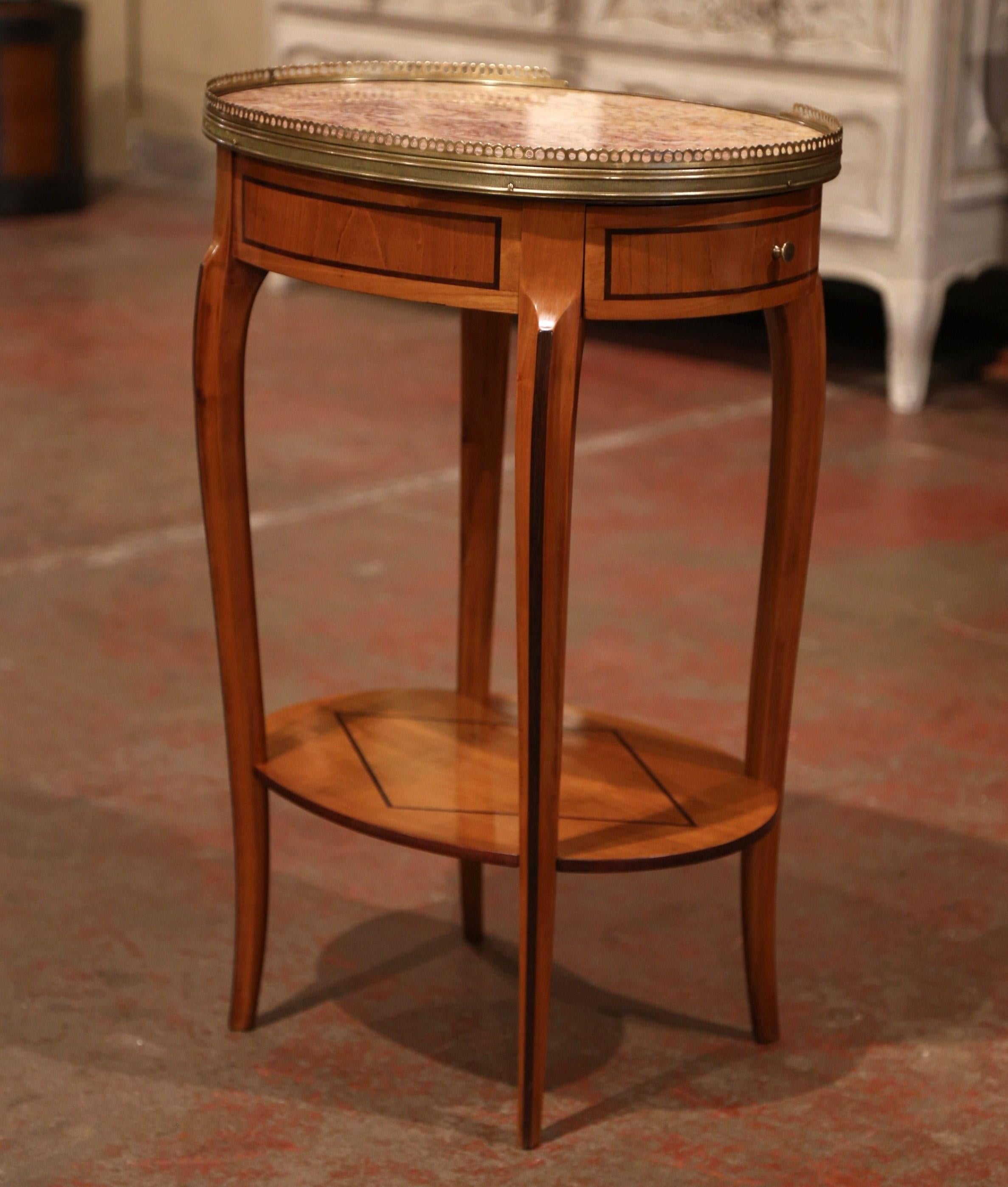 Mid-20th Century French Cherry Side Table with Marble Top and Brass Rim 3