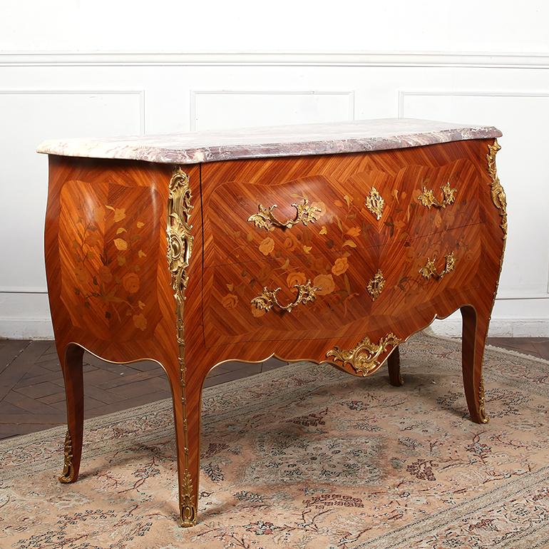 Exceptional fine quality louis XV Style with highly detailed bronze mounts and inlay marquetry work. Triple nosed heavy marble.