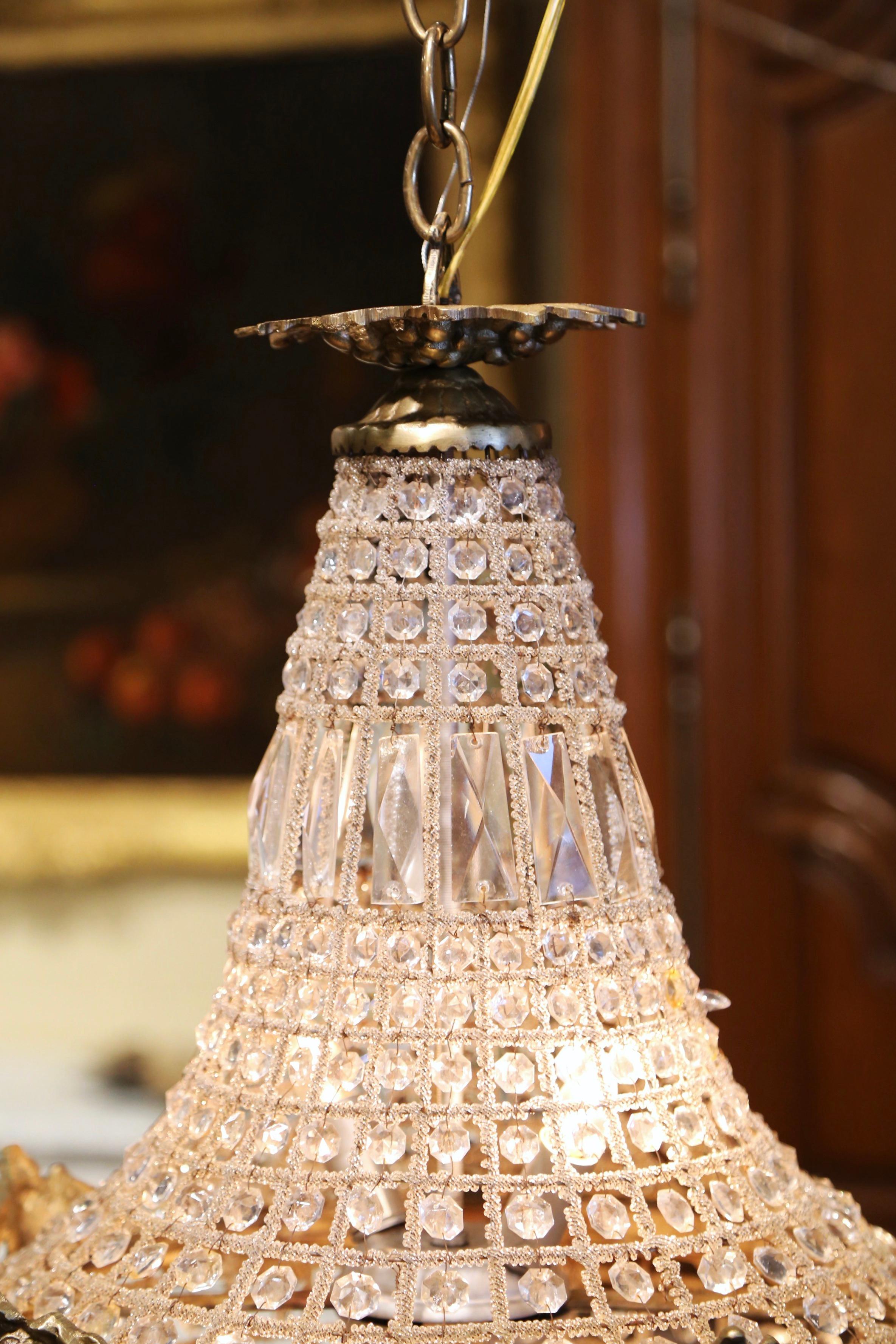 Mid-20th Century French Crystal and Bronze Four-Light Basket Chandelier 5