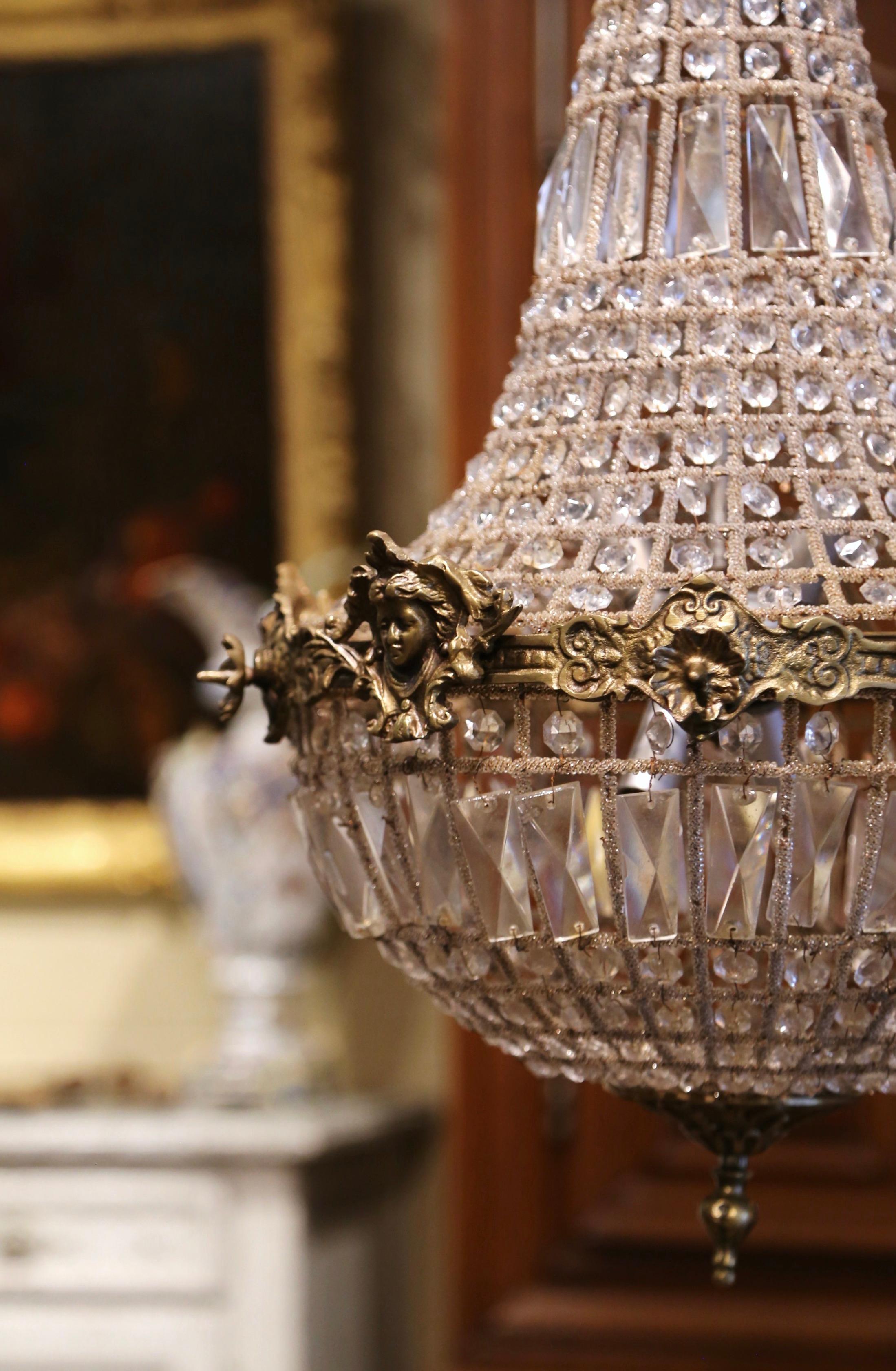 Mid-20th Century French Crystal and Bronze Four-Light Basket Chandelier 6