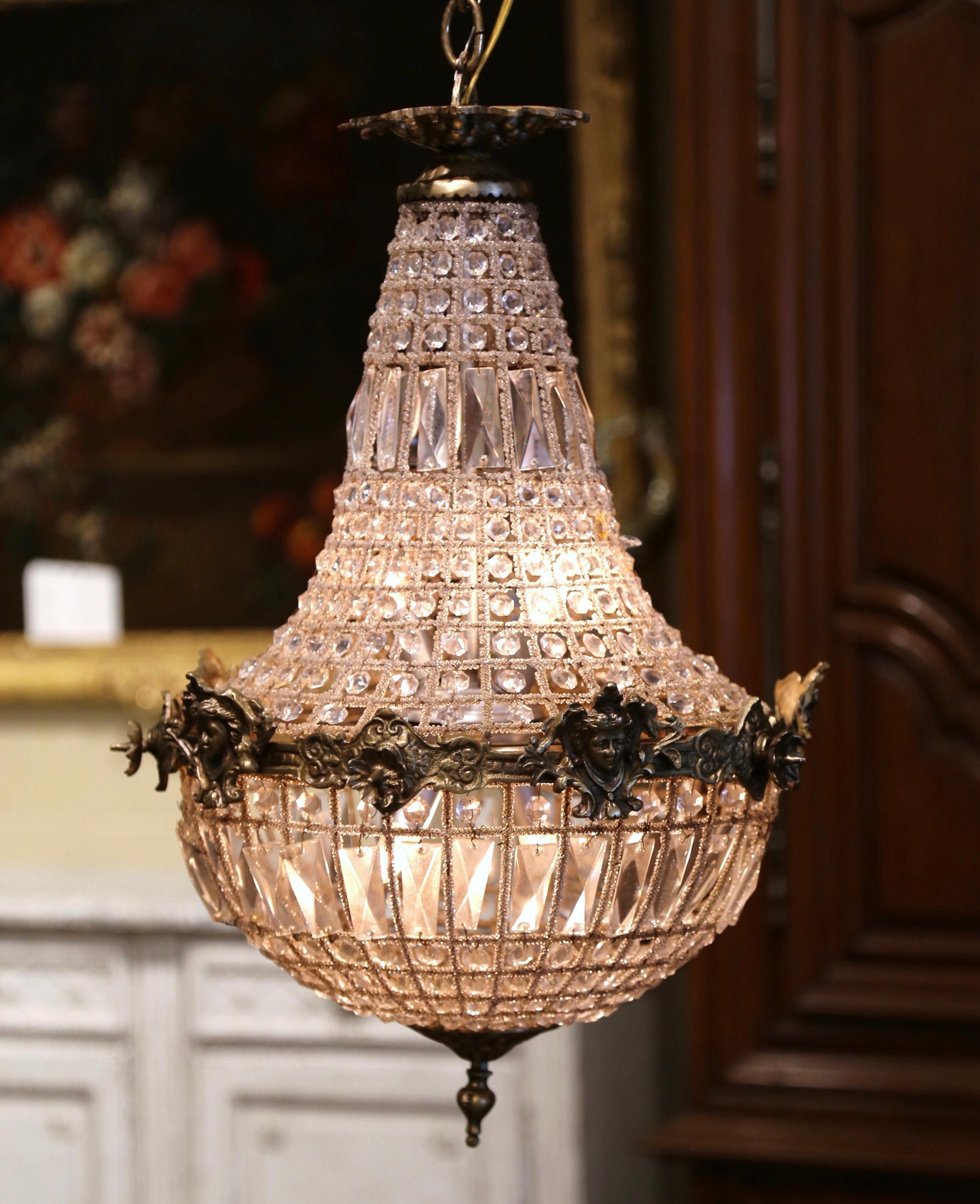 Louis XVI Mid-20th Century French Crystal and Bronze Four-Light Basket Chandelier