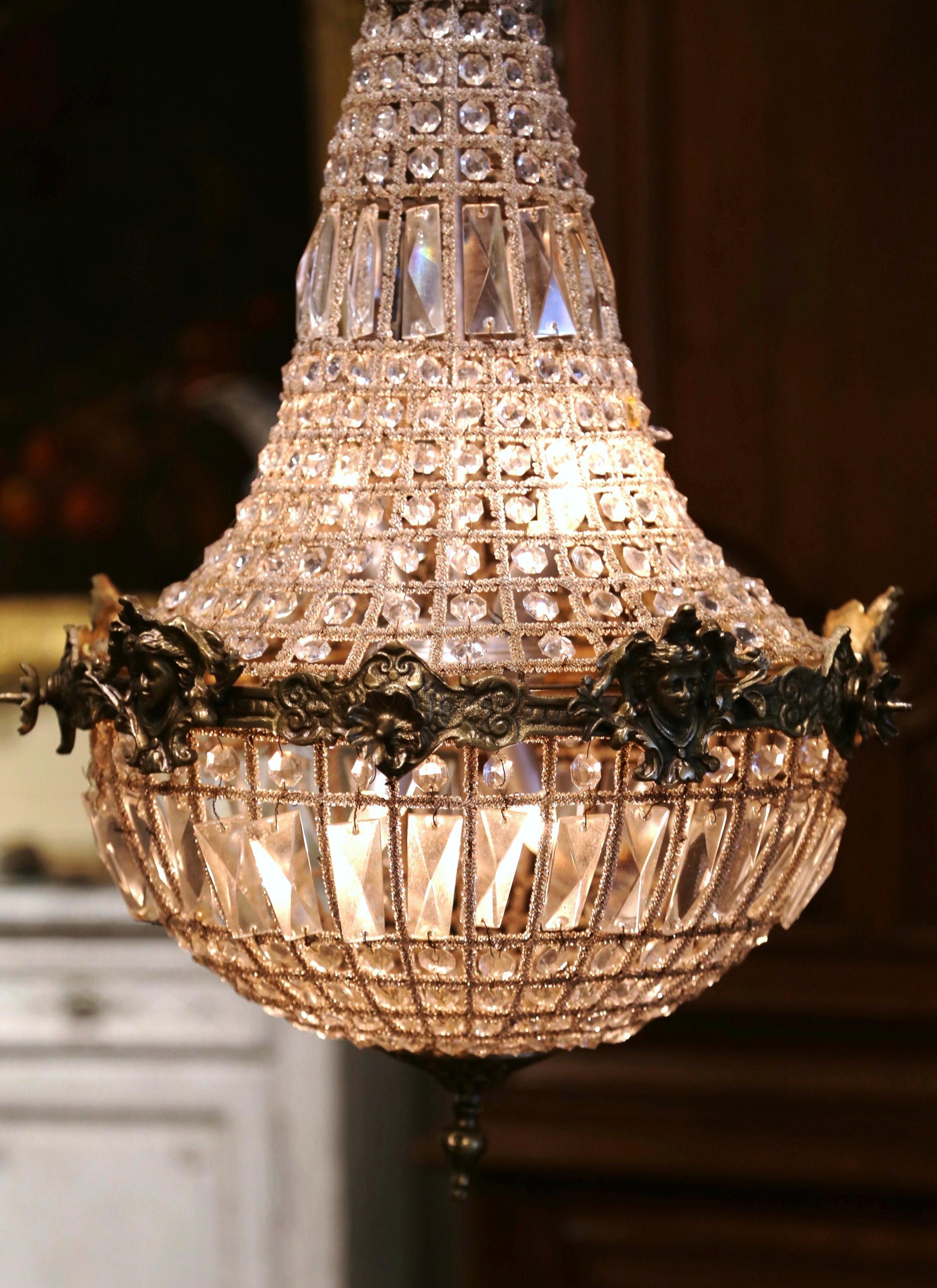 Hand-Crafted Mid-20th Century French Crystal and Bronze Four-Light Basket Chandelier