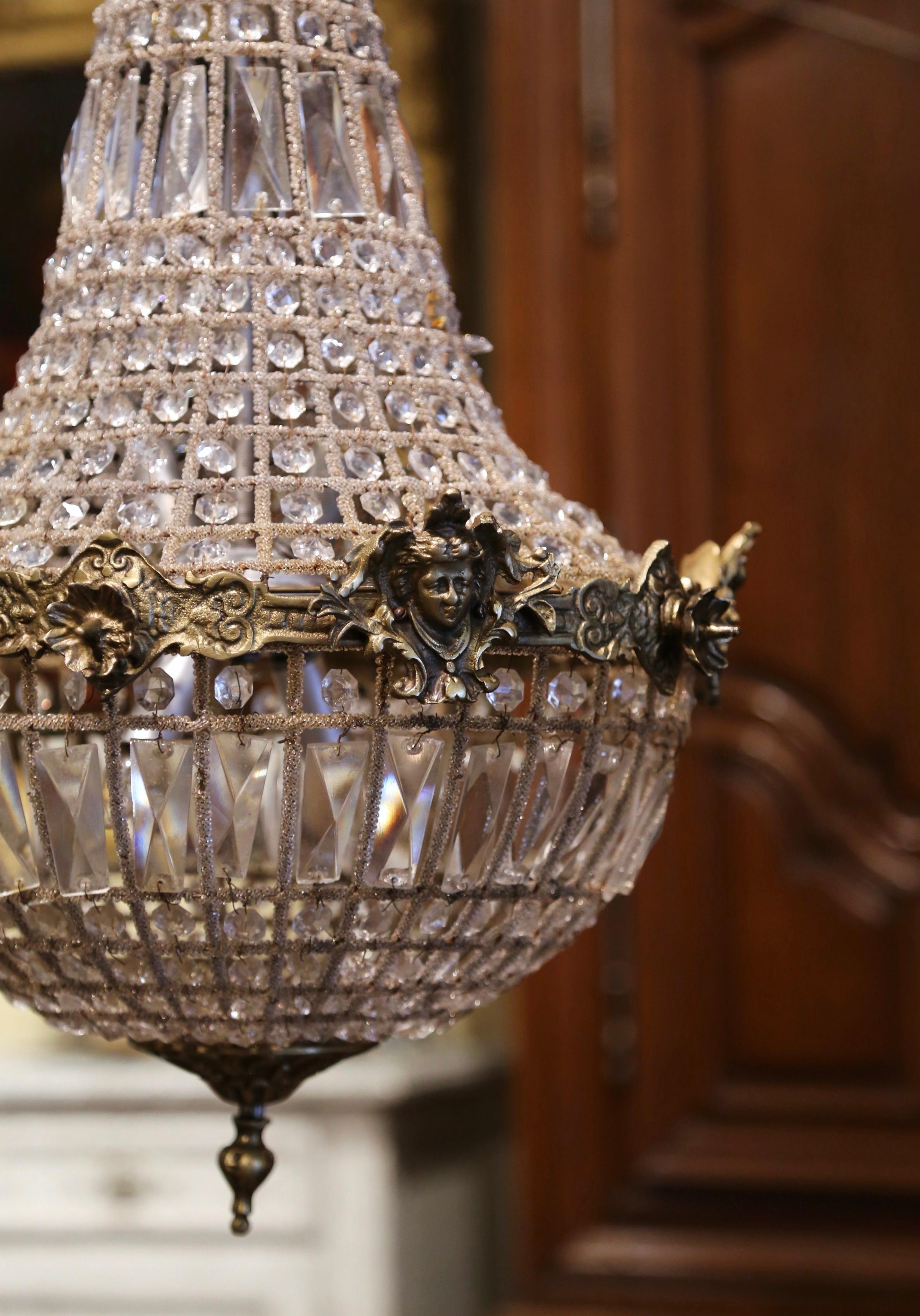 Mid-20th Century French Crystal and Bronze Four-Light Basket Chandelier 1