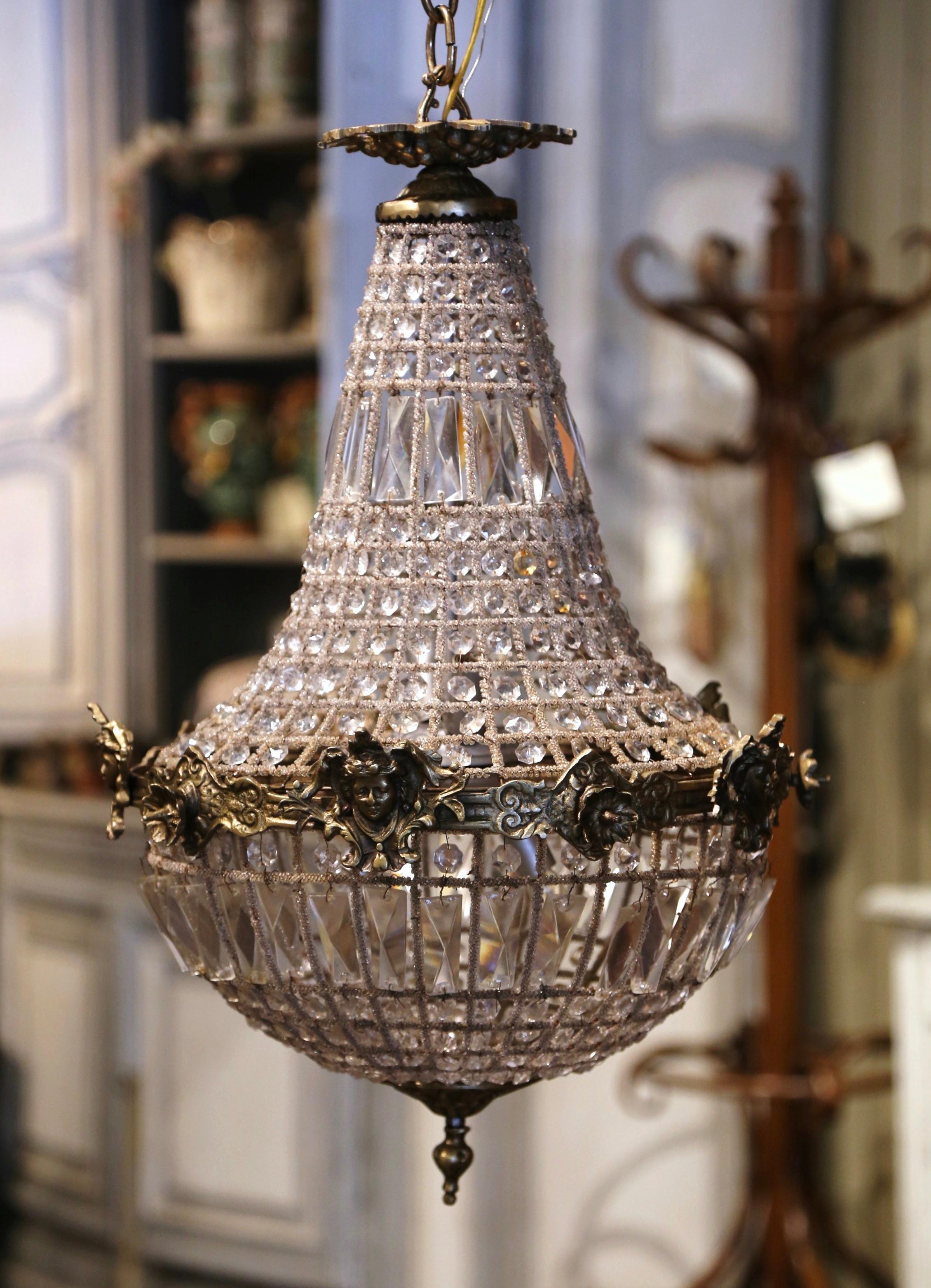 Mid-20th Century French Crystal and Bronze Four-Light Basket Chandelier 2