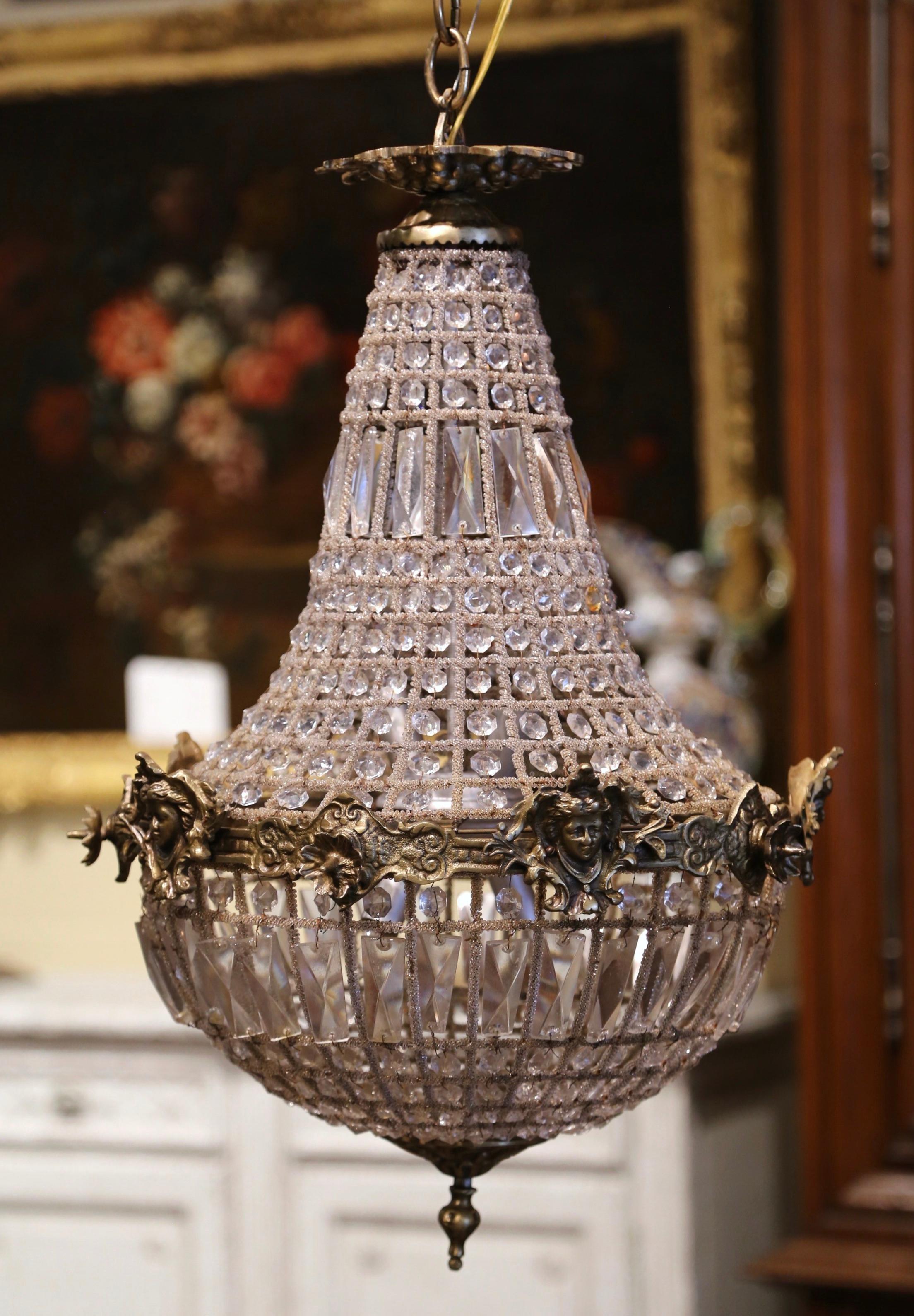 Mid-20th Century French Crystal and Bronze Four-Light Basket Chandelier 3