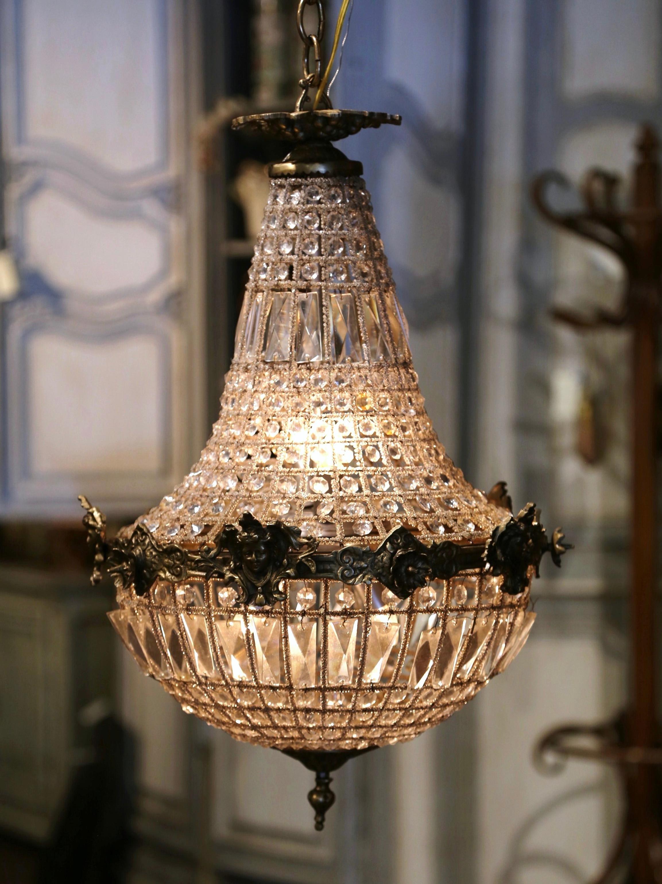 Mid-20th Century French Crystal and Bronze Four-Light Basket Chandelier 4