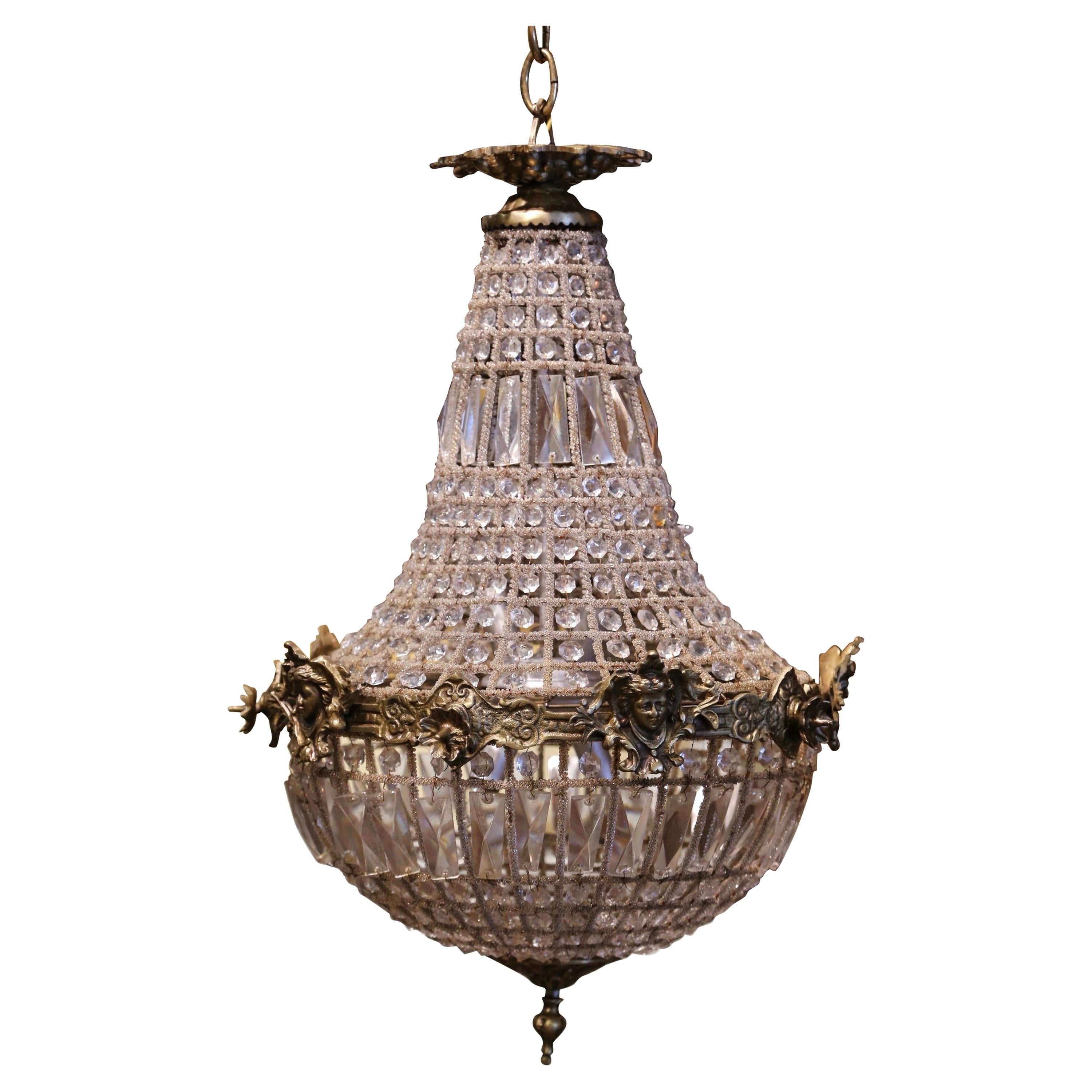 Mid-20th Century French Crystal and Bronze Four-Light Basket Chandelier