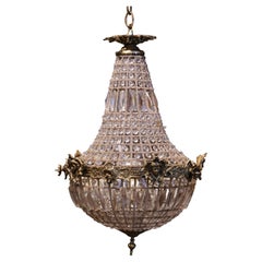 Vintage Mid-20th Century French Crystal and Bronze Four-Light Basket Chandelier