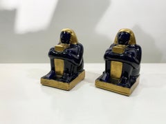 Mid-20th Century French Egyptian Revival Ceramic Bookends in Deep Navy/GoldColor