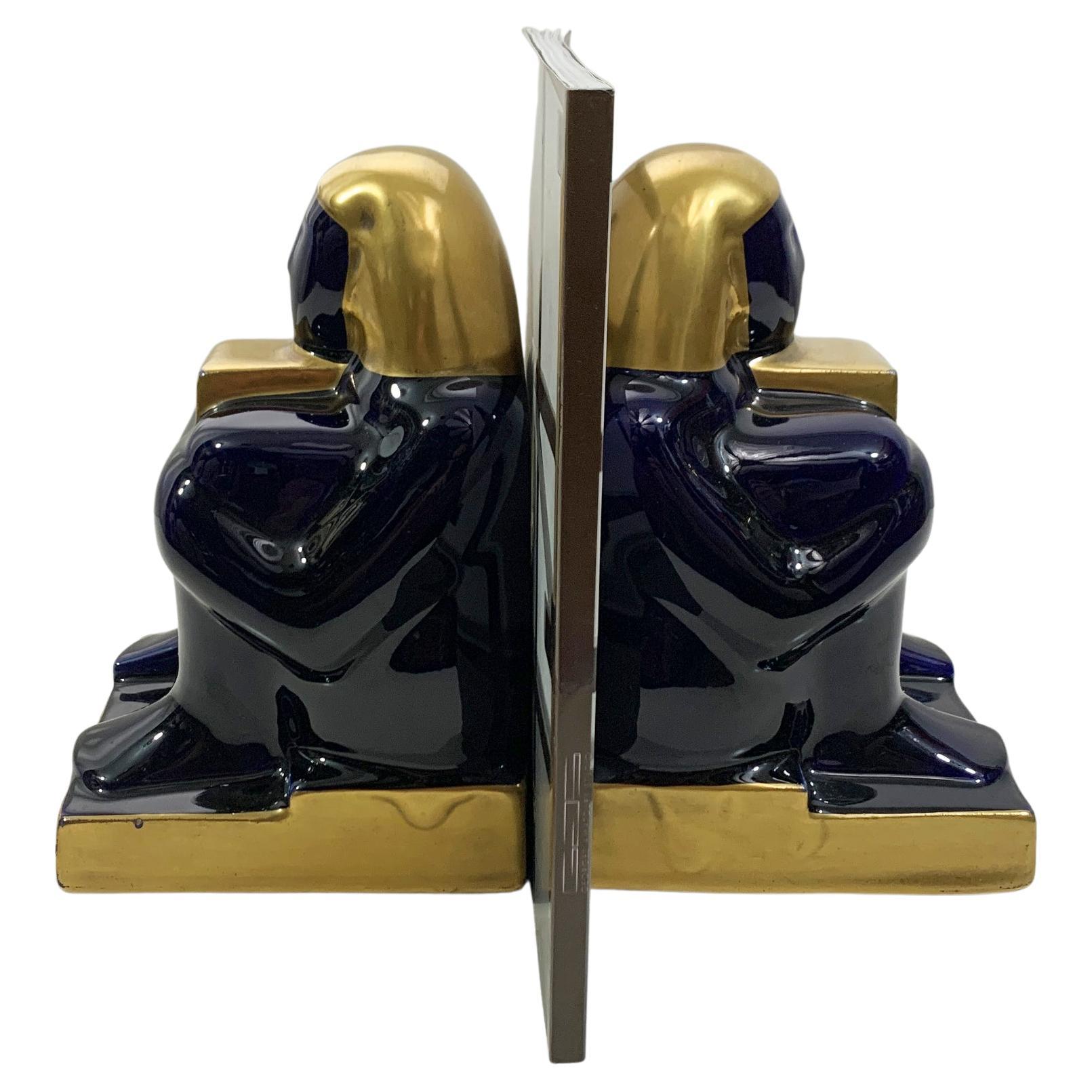 Mid-20th Century French Egyptian Revival Ceramic Bookends in Deep Navy/GoldColor