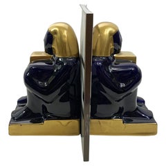 Mid-20th Century French Egyptian Revival Ceramic Bookends in Deep Navy/GoldColor