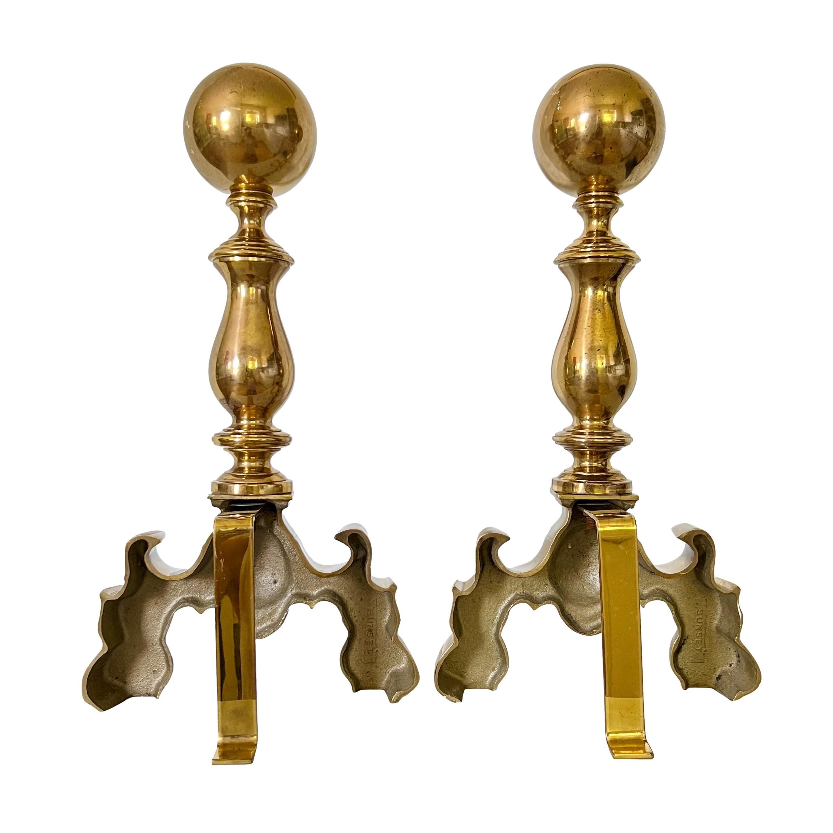 Mid 20th Century French Empire Brass Cannonball Chenets Andirons, a Pair For Sale 6