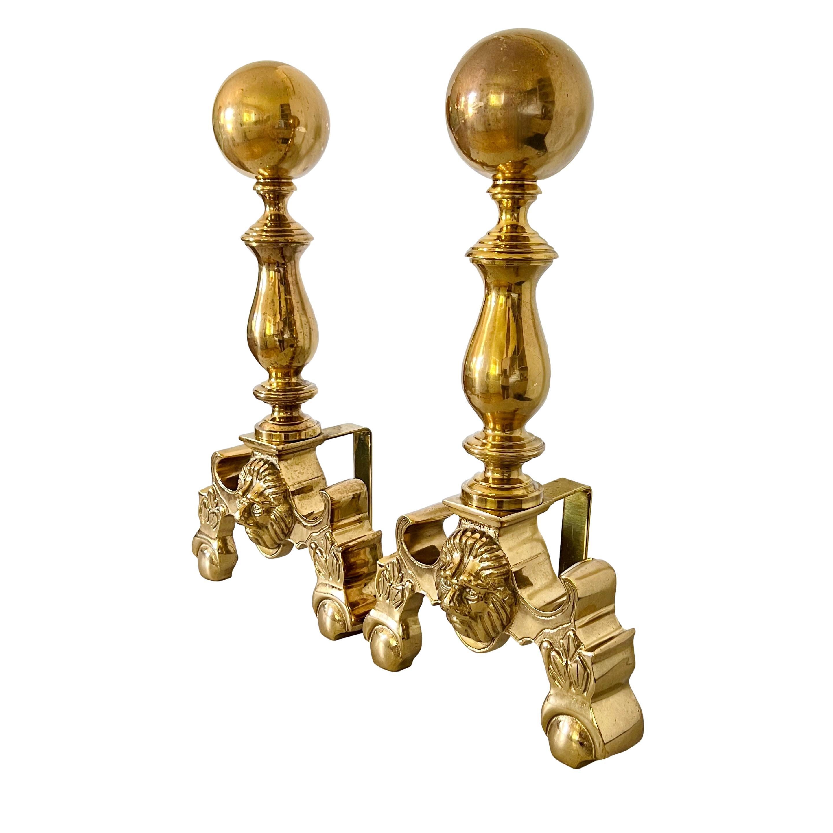 American Mid 20th Century French Empire Brass Cannonball Chenets Andirons, a Pair For Sale