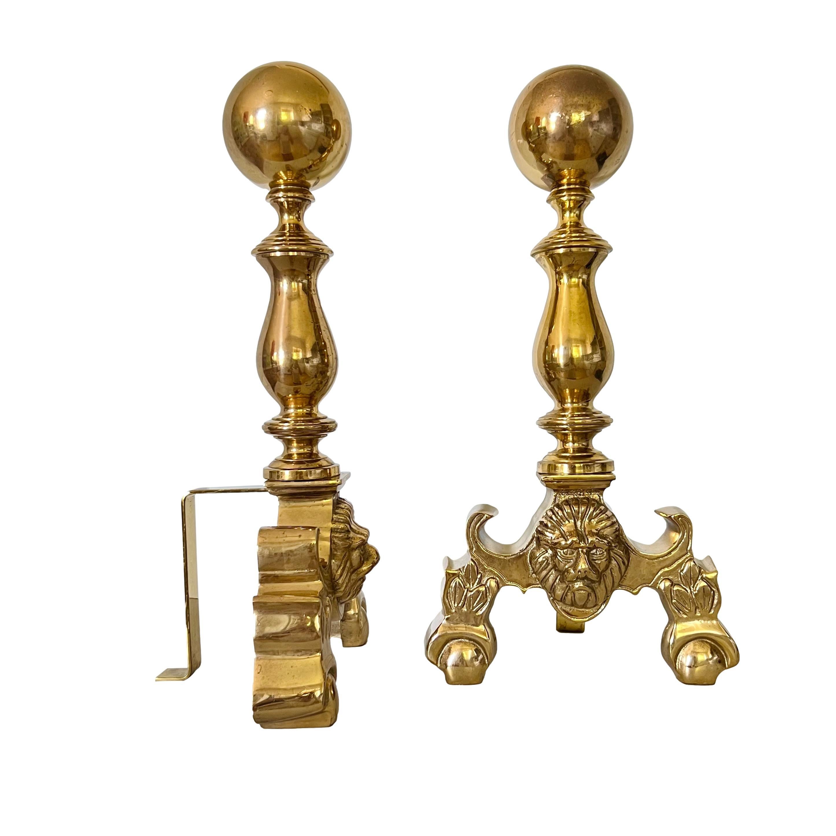 Cast Mid 20th Century French Empire Brass Cannonball Chenets Andirons, a Pair For Sale
