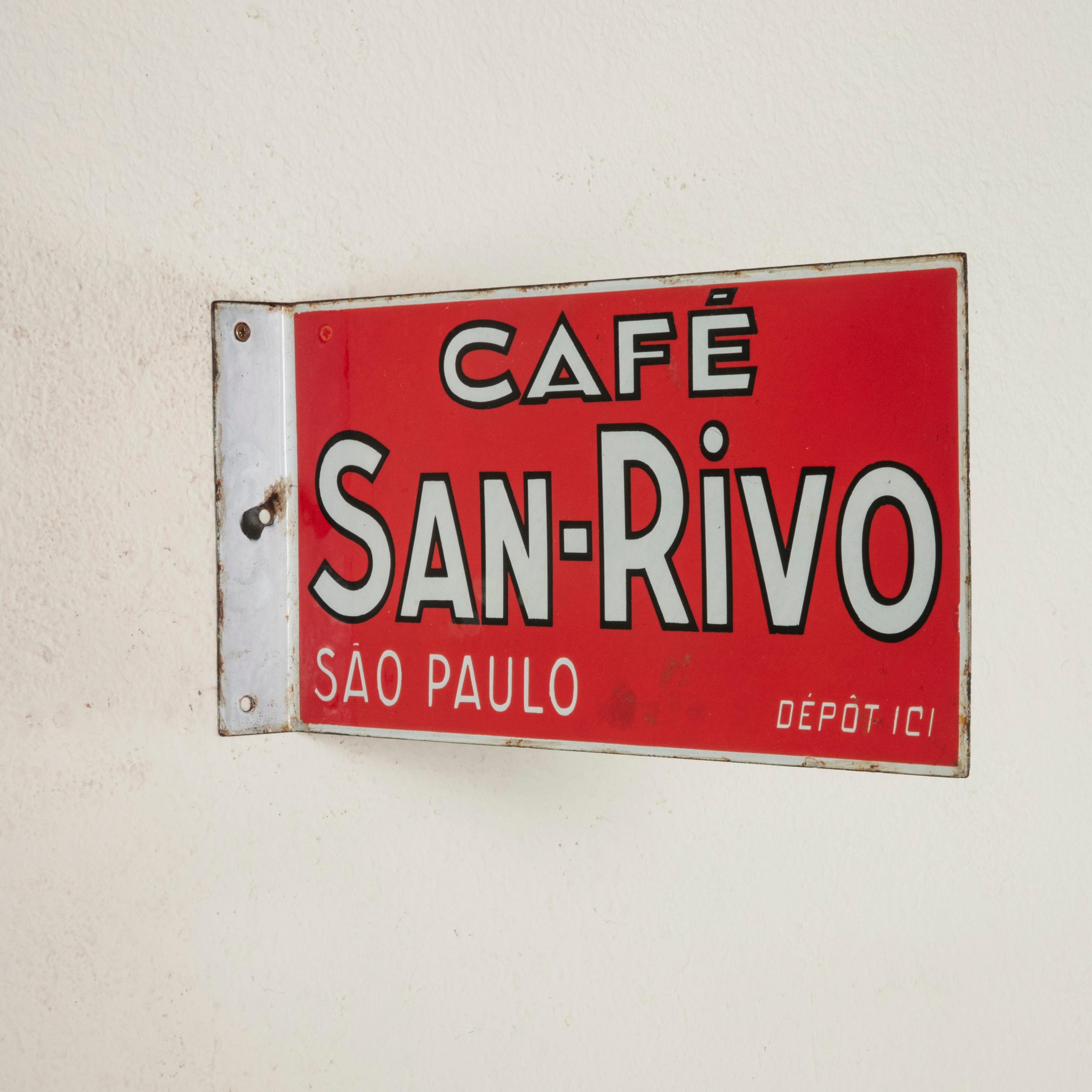 Belgian Mid-20th Century French Enameled Metal Sign for Cafe San Rivo in Sao Paulo For Sale