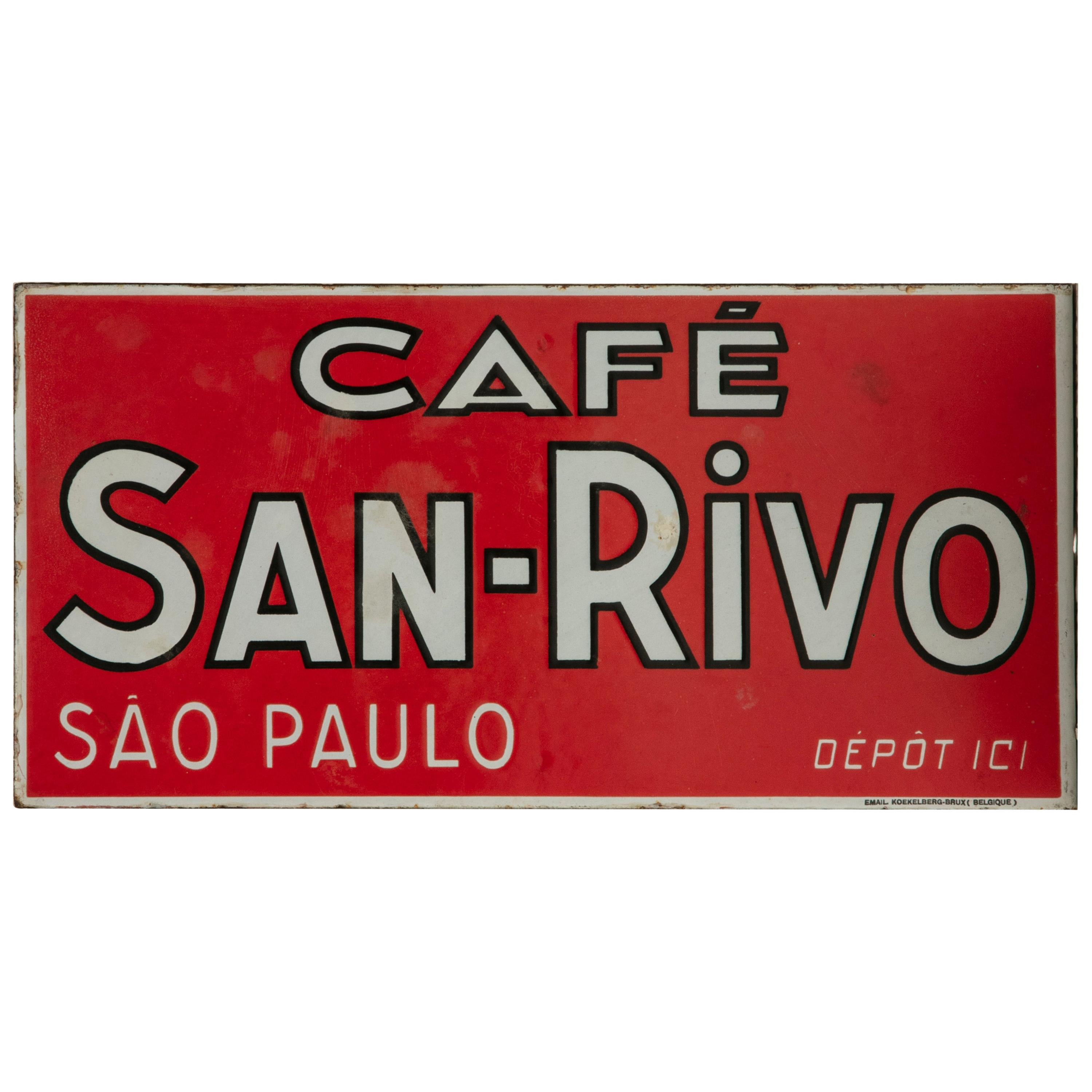 Mid-20th Century French Enameled Metal Sign for Cafe San Rivo in Sao Paulo For Sale