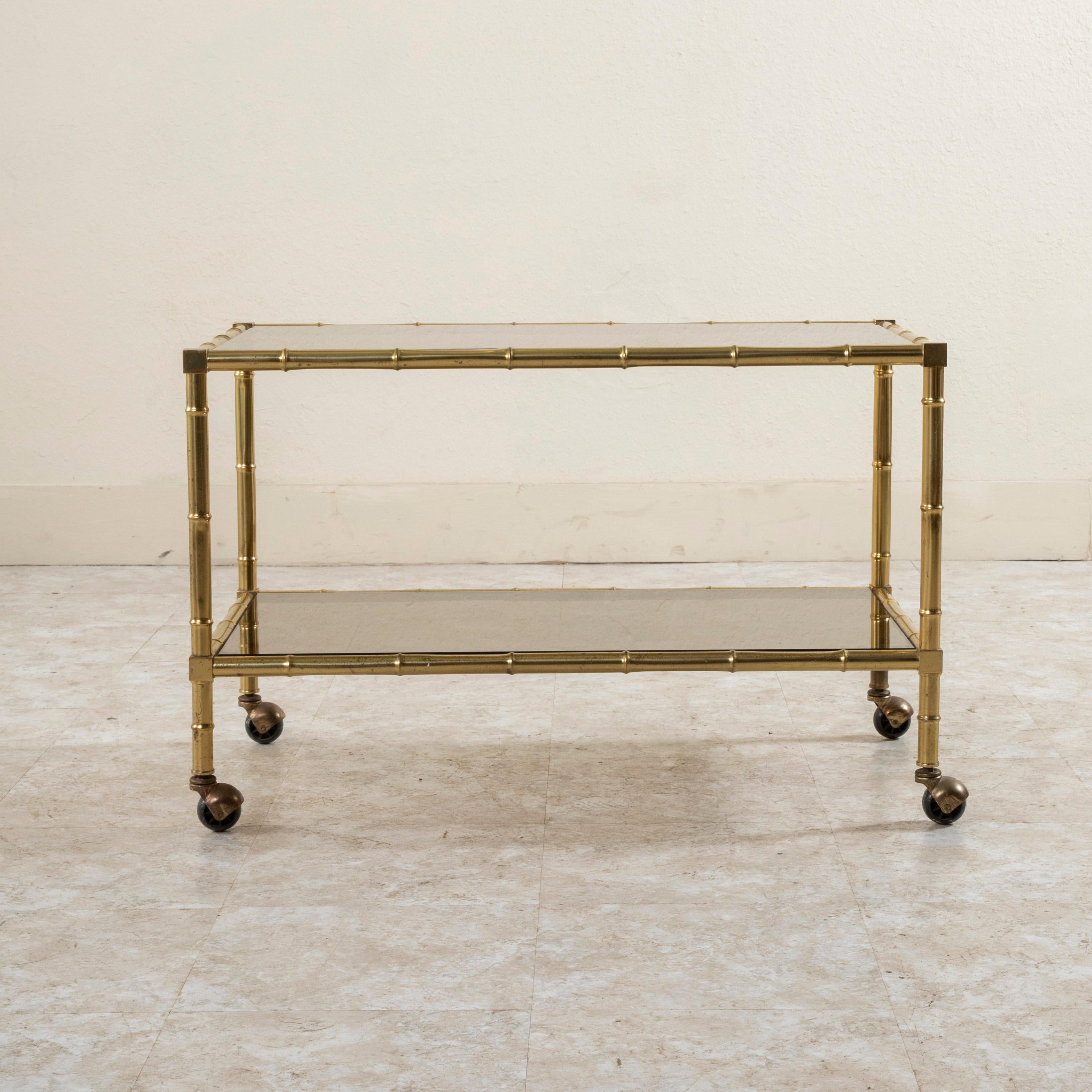 Mid-Century Modern Mid-20th Century French Faux Bamboo Brass and Smoked Glass Coffee Table Bar Cart For Sale