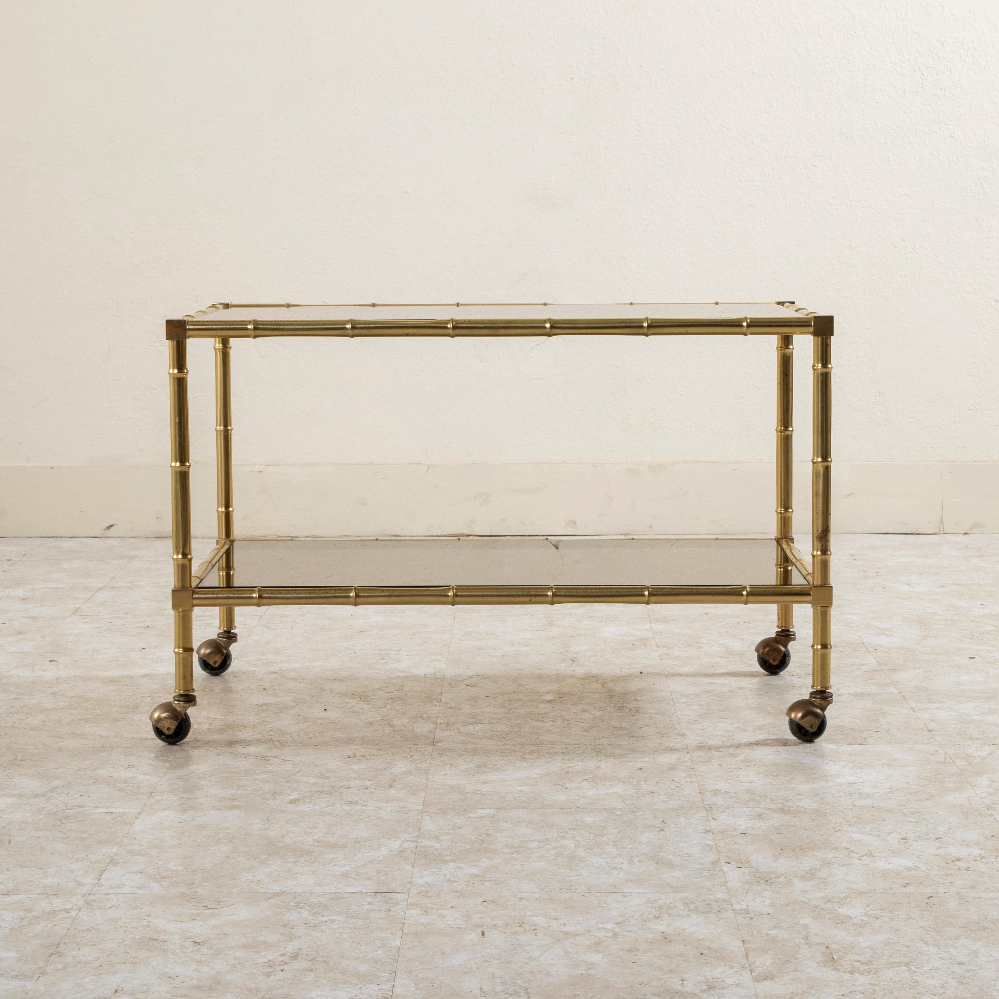 Mid-20th Century French Faux Bamboo Brass and Smoked Glass Coffee Table Bar Cart For Sale 1
