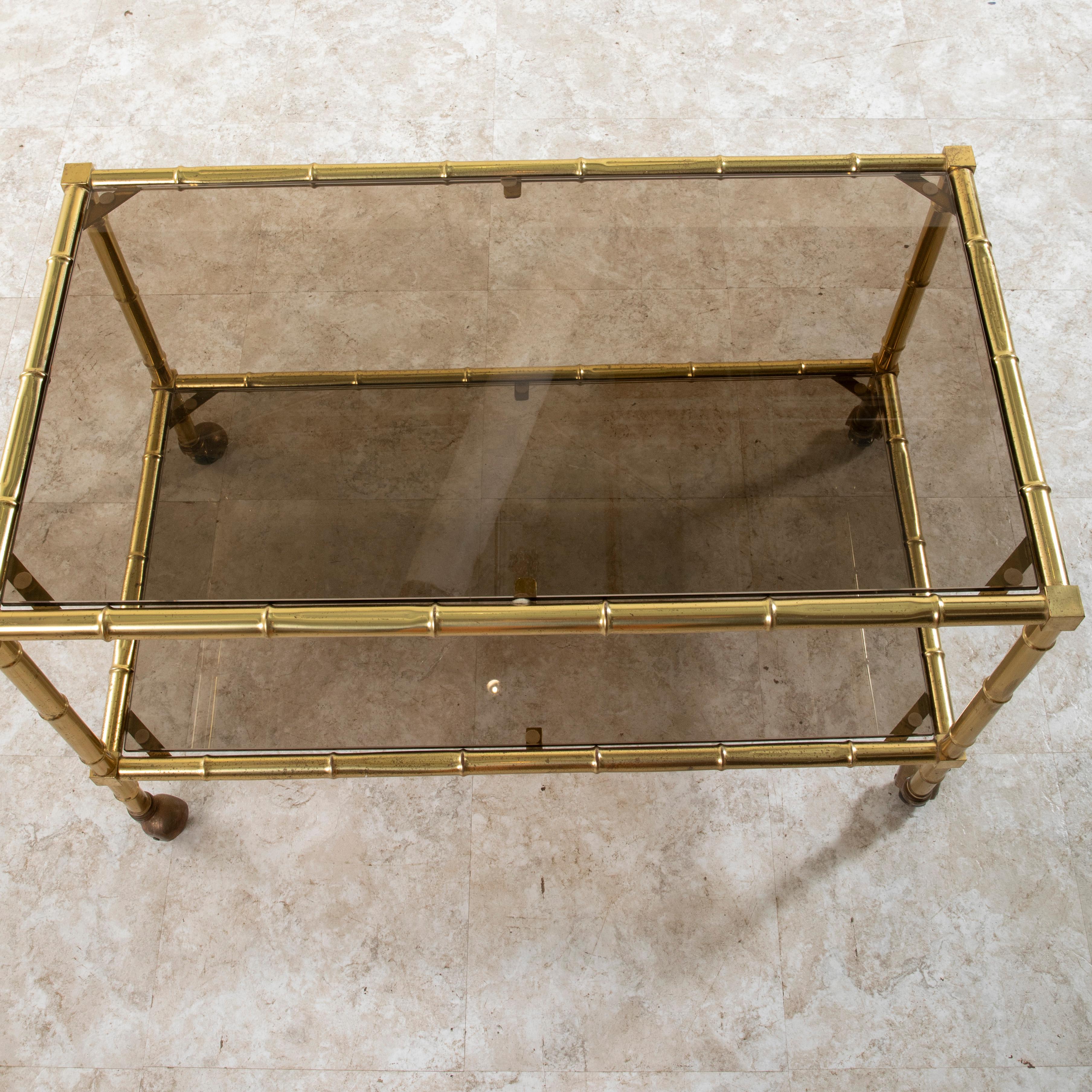 Mid-20th Century French Faux Bamboo Brass and Smoked Glass Coffee Table Bar Cart For Sale 3