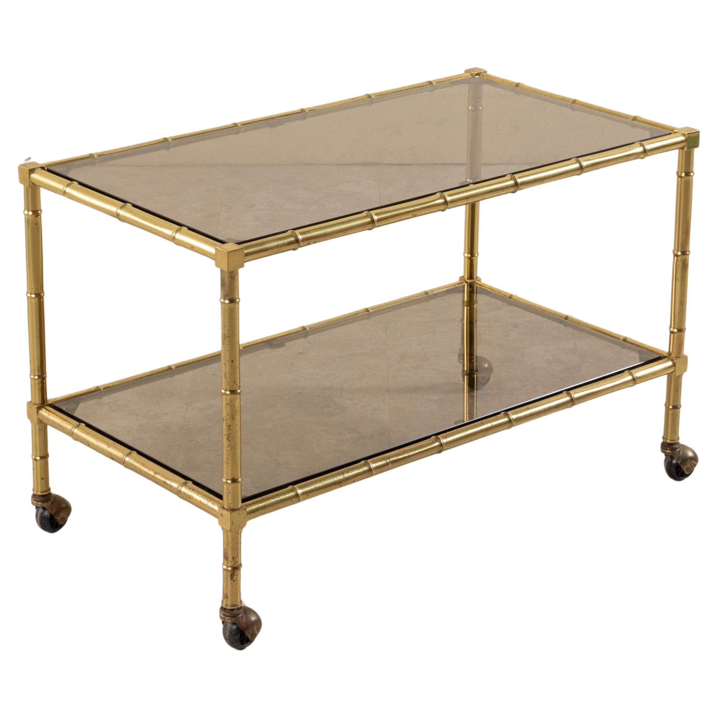 Mid-20th Century French Faux Bamboo Brass and Smoked Glass Coffee Table Bar Cart