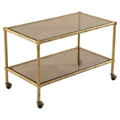 Mid-20th Century French Faux Bamboo Brass and Smoked Glass Coffee Table Bar Cart