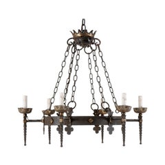 Mid-20th Century French Five-Light Forged Iron Ring Chandelier