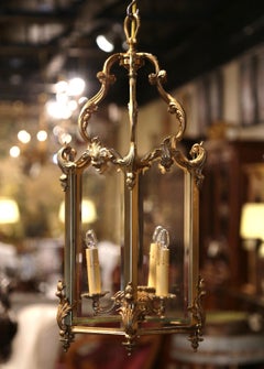 Mid-20th Century French Gilt Bronze and Beveled Glass Three-Light Lantern