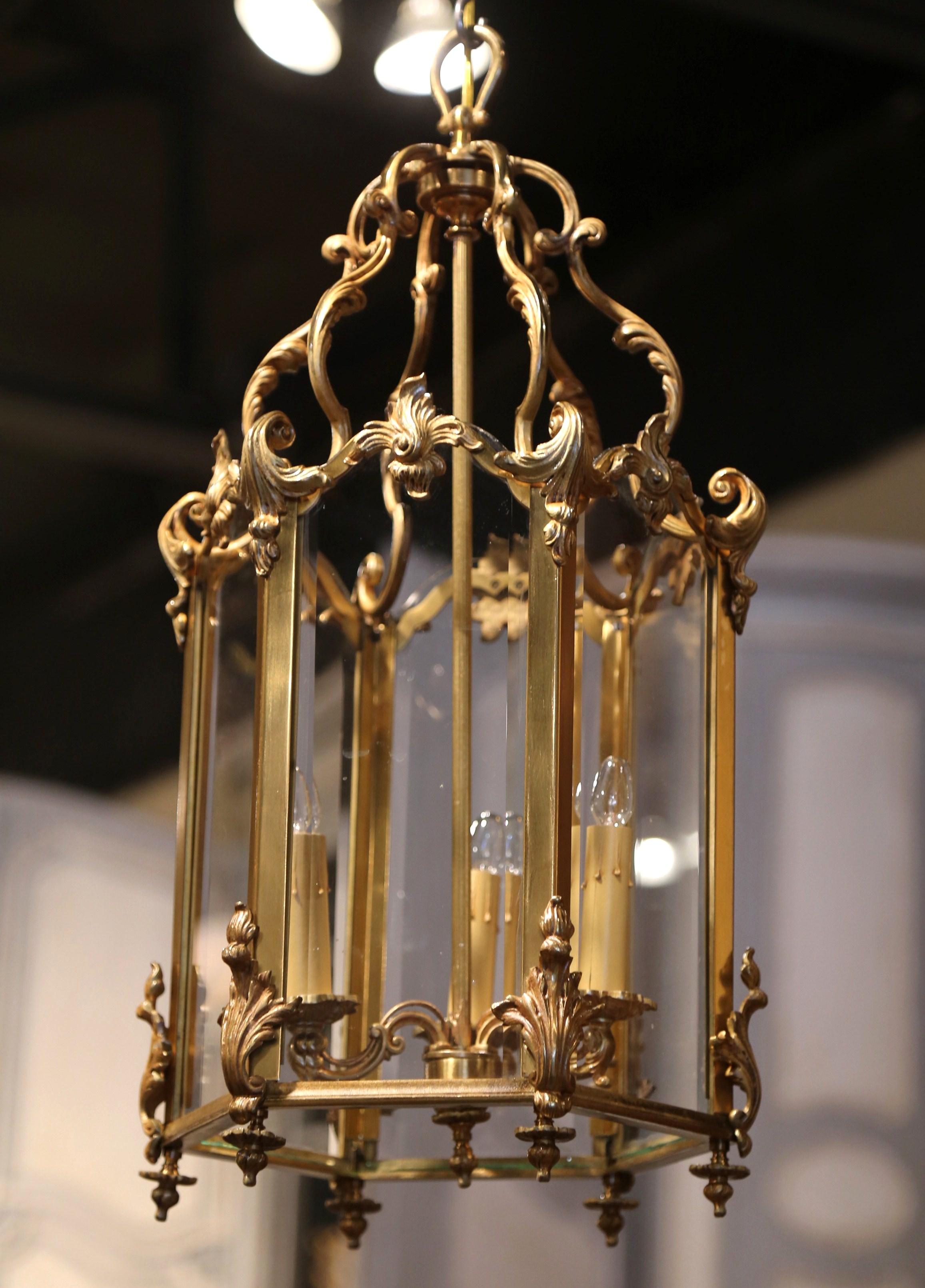 Louis XV Mid-20th Century French Gilt Bronze and Beveled Glass Three-Light Lantern