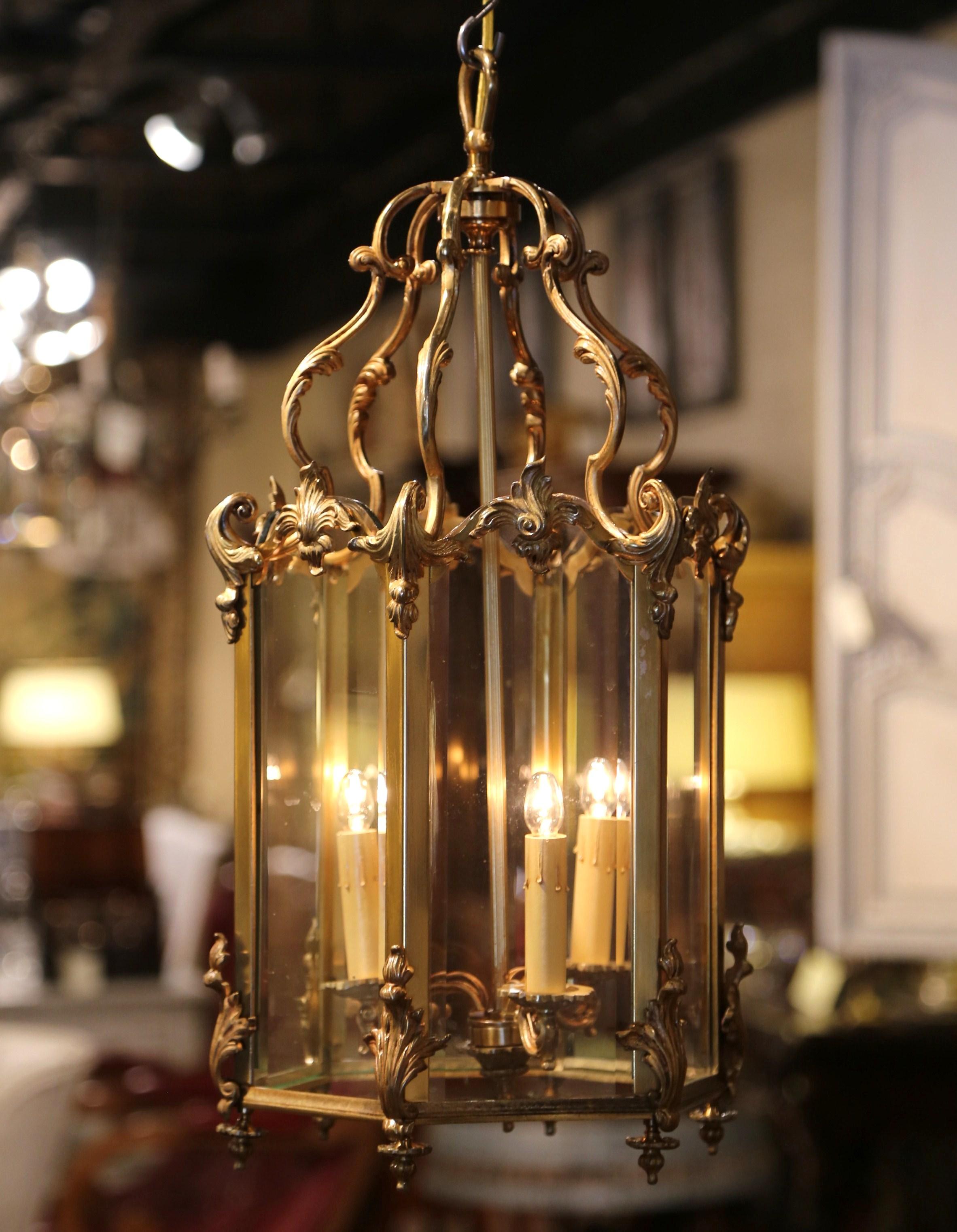 Mid-20th Century French Gilt Bronze and Beveled Glass Three-Light Lantern In Excellent Condition In Dallas, TX