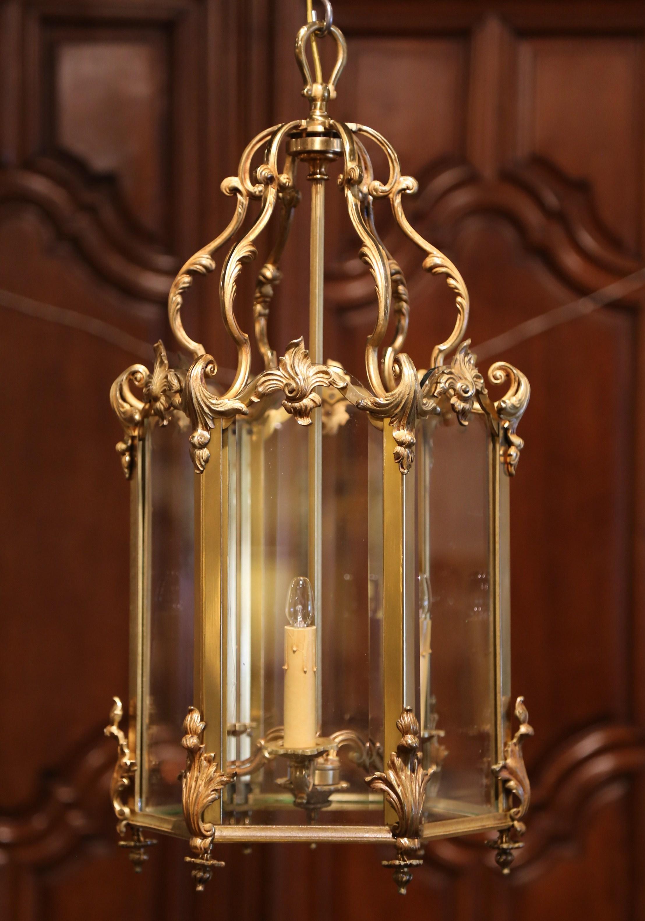 Mid-20th Century French Gilt Bronze and Beveled Glass Three-Light Lantern 1