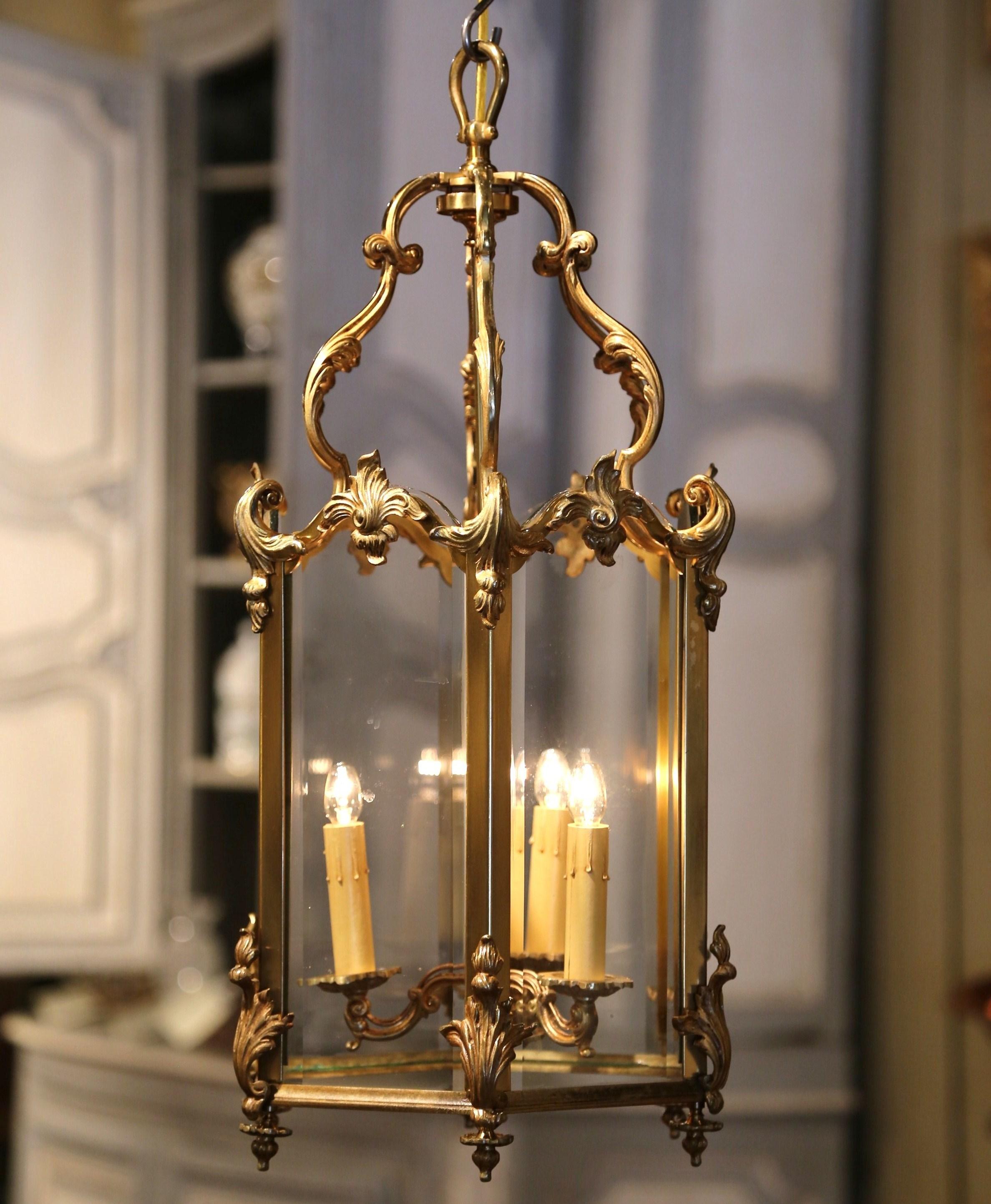 Mid-20th Century French Gilt Bronze and Beveled Glass Three-Light Lantern 4