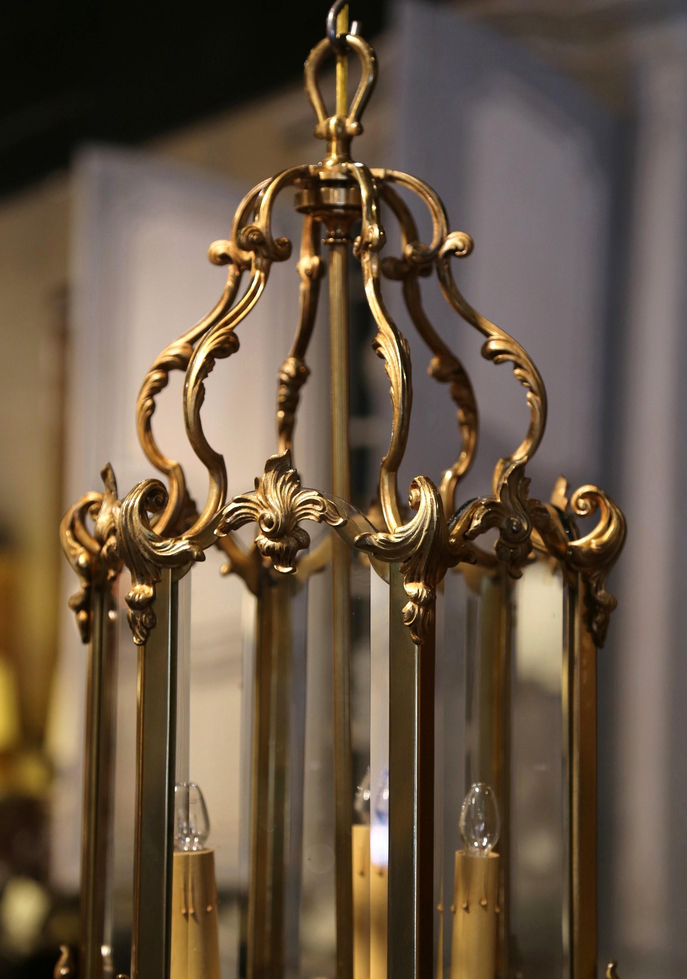 Mid-20th Century French Gilt Bronze and Beveled Glass Three-Light Lantern 5