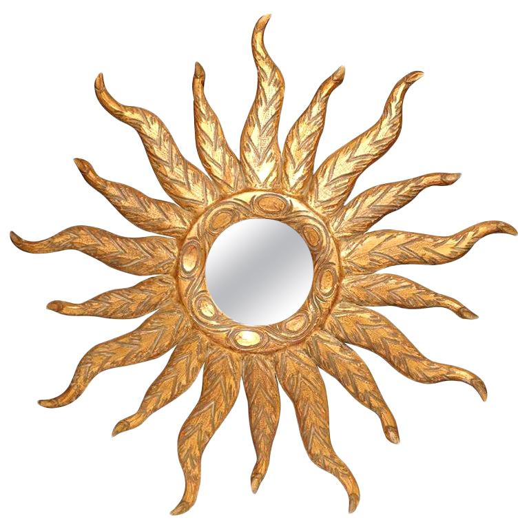 Mid-20th Century French Giltwood Sunburst Mirror with Curved and Engraved Rays