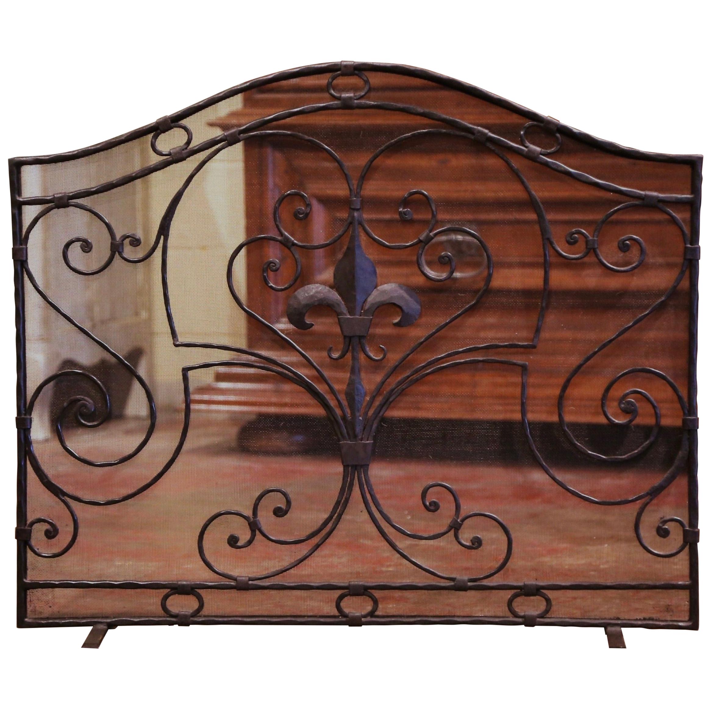 Mid-20th Century French Gothic Wrought Iron Fireplace Screen with Fleur-de-Lis