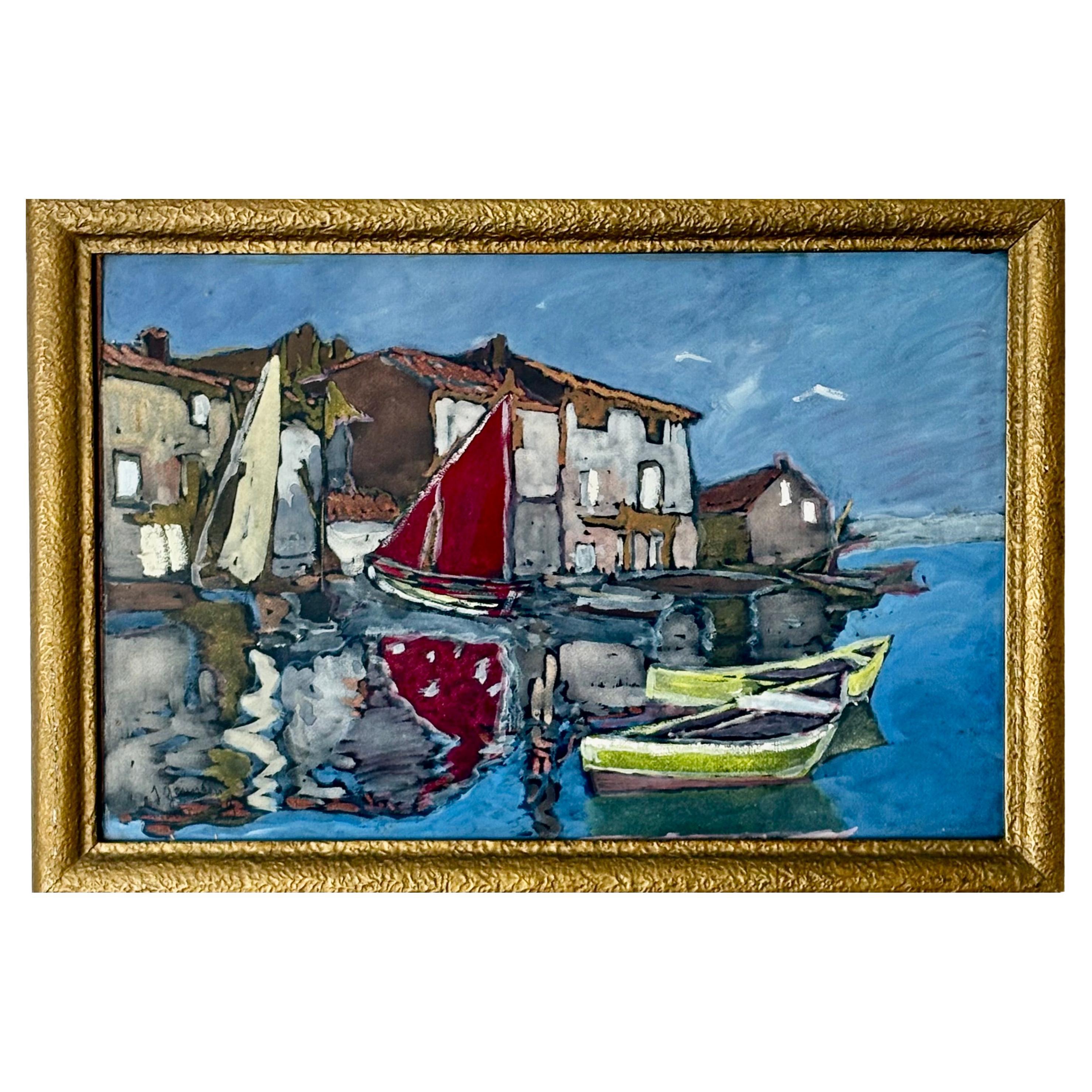 Mid 20th Century French gouache , seaside and boats
